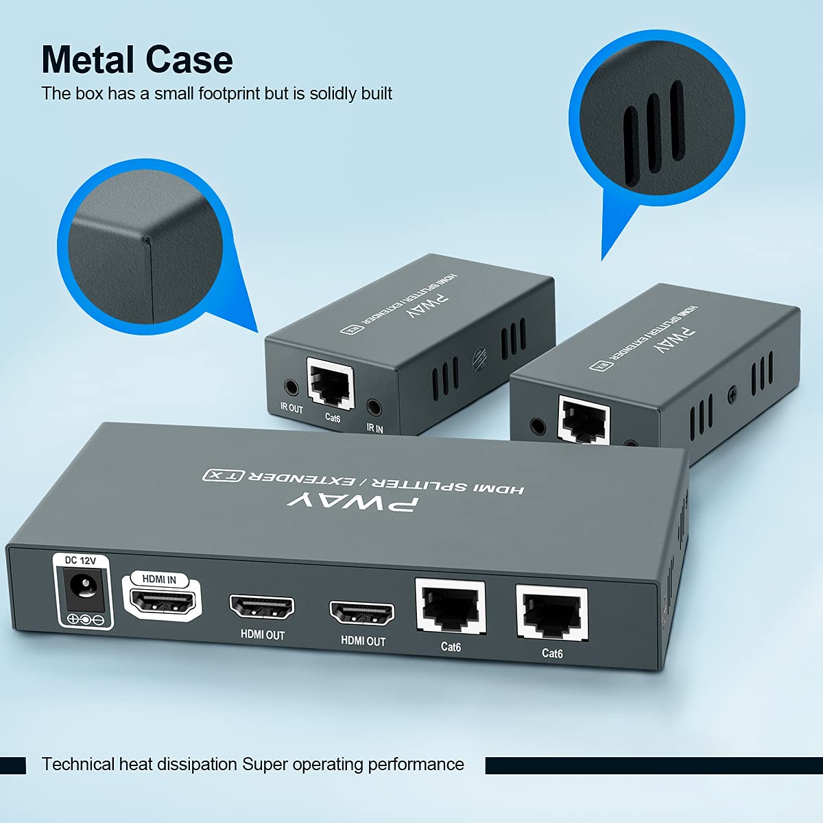 Premium HDMI Extender Splitter 1x2 1080p - 4K Compatible Over Cat5e/Cat6/Cat7 Ethernet Cable (Up to 50m/165ft) with EDID Management, Bi-Directional IR Remote & POC - Ideal for Home Theater, Gaming & Conference Room AV Setup