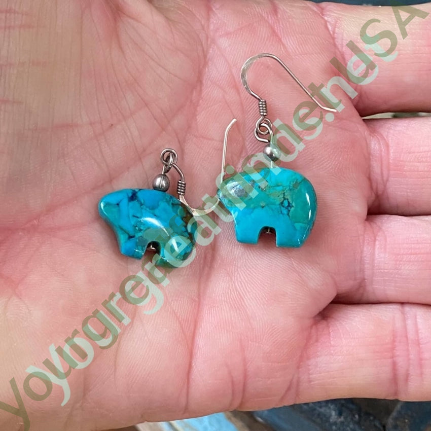Vintage Hand-Carved Turquoise Zuni Bear Earrings in Sterling Silver - Authentic Native American Jewelry for Women, Perfect for Boho & Southwest Style Outfits