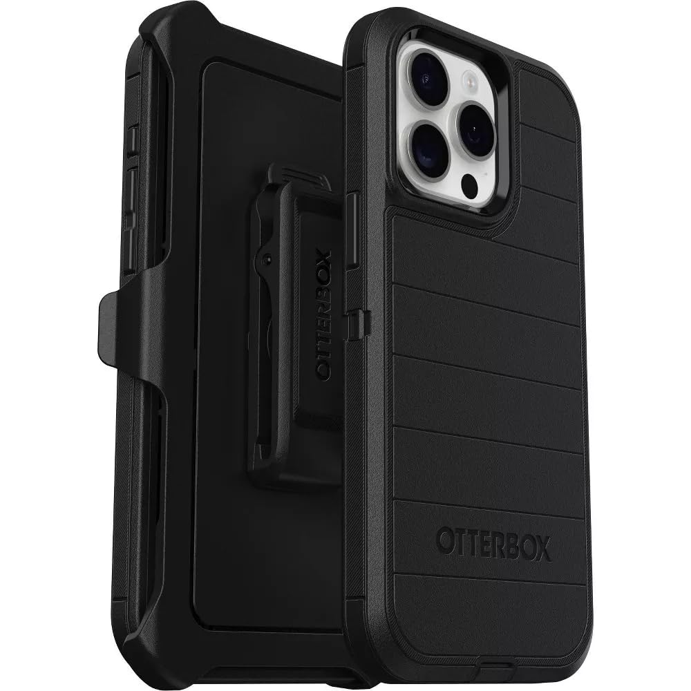 OtterBox Defender Series Case for iPhone 15 Pro Max - Rugged & Durable Black Protective Cover with Port Protection, Holster Clip & Antimicrobial Defense - Perfect for Outdoor Adventures, Construction Work & Active Lifestyles