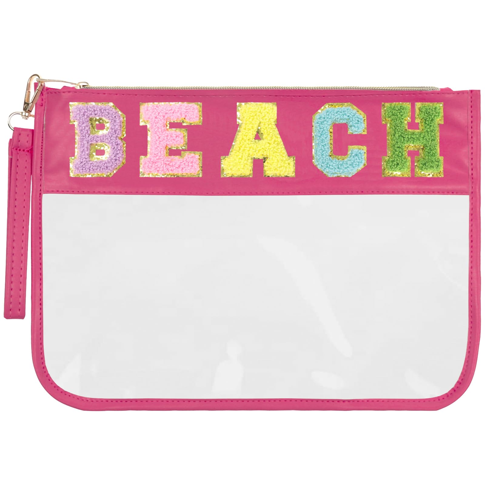 Stylish Nylon Waterproof Beach Bag & Cosmetic Organizer Set for Women - Chenille Letter Clear Zipper Pouch, Preppy Patch Makeup Travel Bag | Perfect for Pool, Vacation & Valentine's Day Gifts (MH-BEACH)