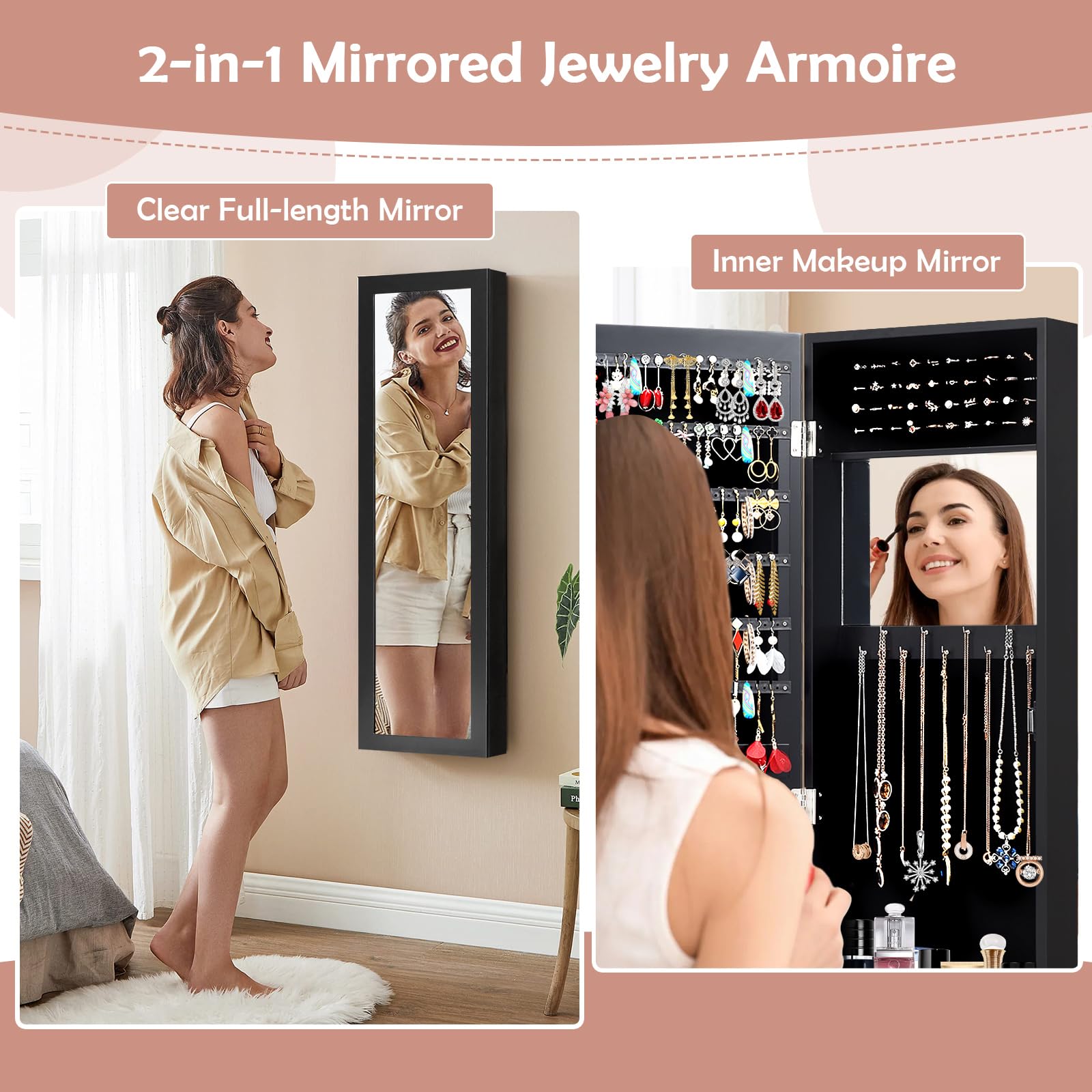 HAPPYGRILL Jewelry Armoire Organizer - Full-Length Mirror & Makeup Mirror, Earring Shelves, Ring Slots, 25 Necklace & Bracelet Hooks - Wall Mounted Jewelry Cabinet (Black) - Perfect for Bedroom, Closet & Dressing Room Organization
