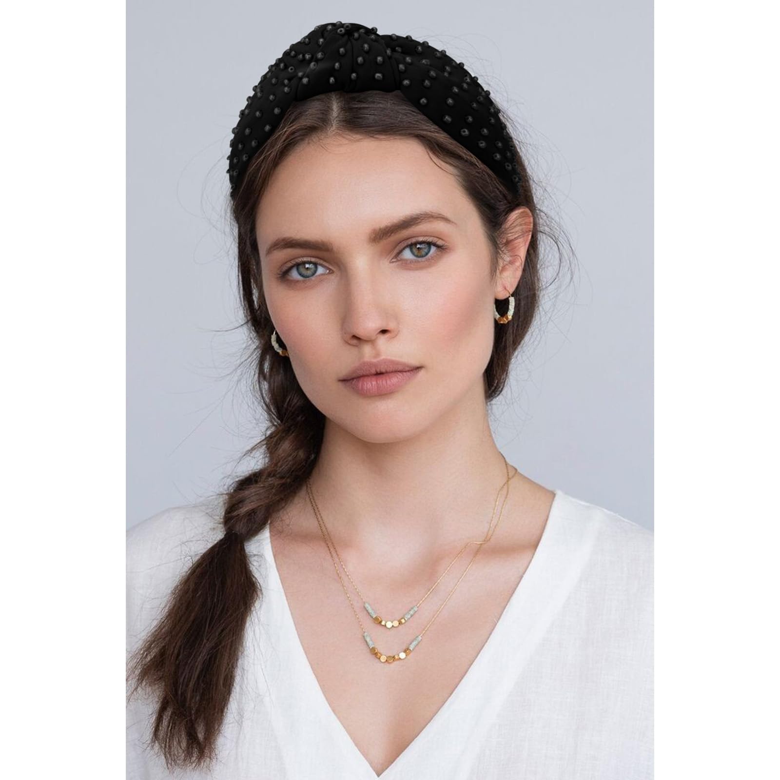 YISSION 1PC Pearl Knotted Headband for Women - Non Slip Beaded Hair Accessory, Wide Jeweled Embellished Headband for Women & Girls (Black) - Perfect for Weddings, Parties, and Everyday Elegant Style