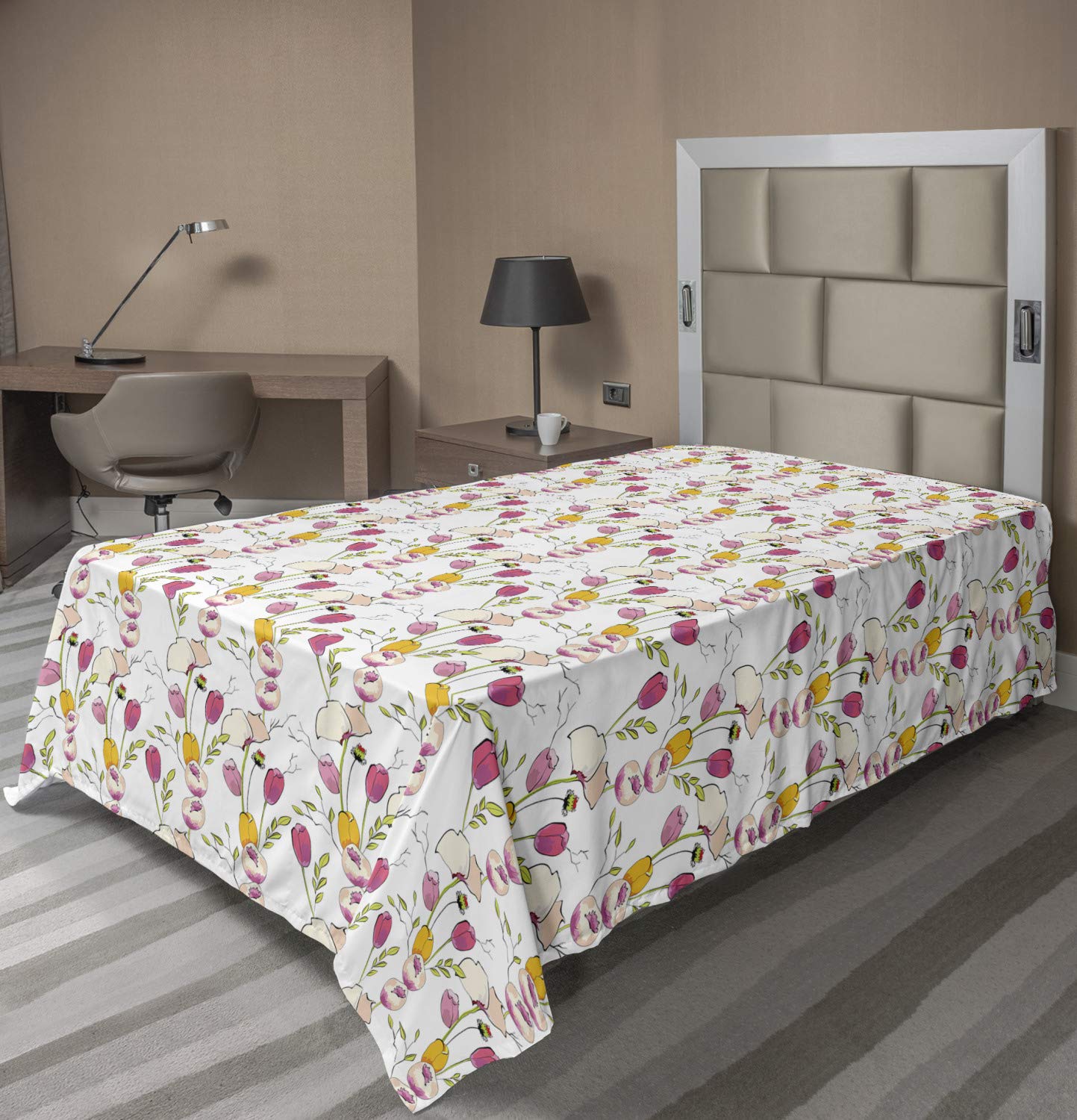 Ambesonne Floral Flat Sheet - Tulips & Poppy Flowers Romantic Design, Soft TwinXL Top Sheet for Valentine's Day | Decorative Bedding for Guest Rooms, Dorms & Romantic Getaways (Multicolor)
