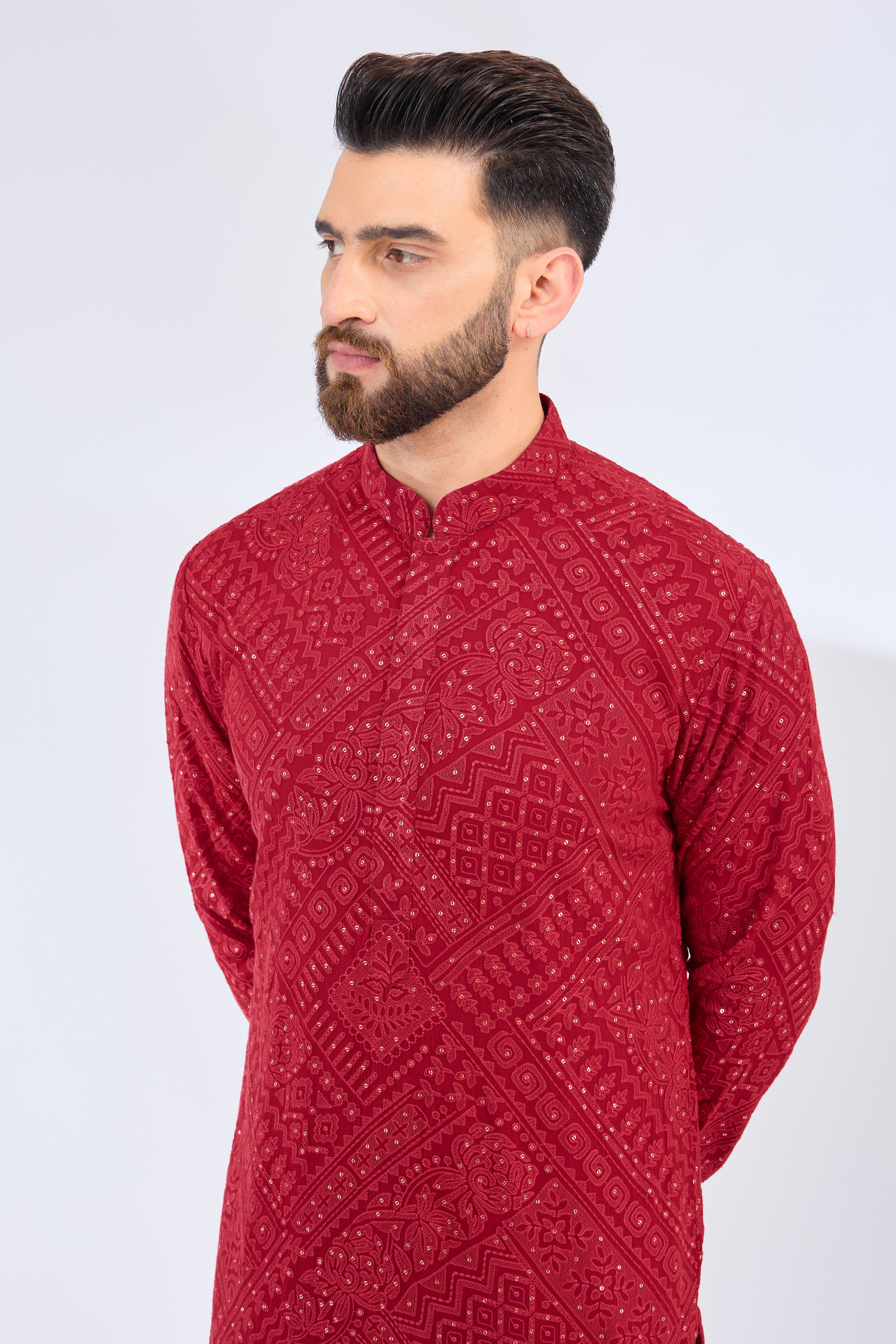 Red Chikankari Kurta with Tone-on-Tone Thread Work & Sequins - Elegant Indian Embroidered Tunic for Women - Perfect for Festivals, Weddings & Special Occasions