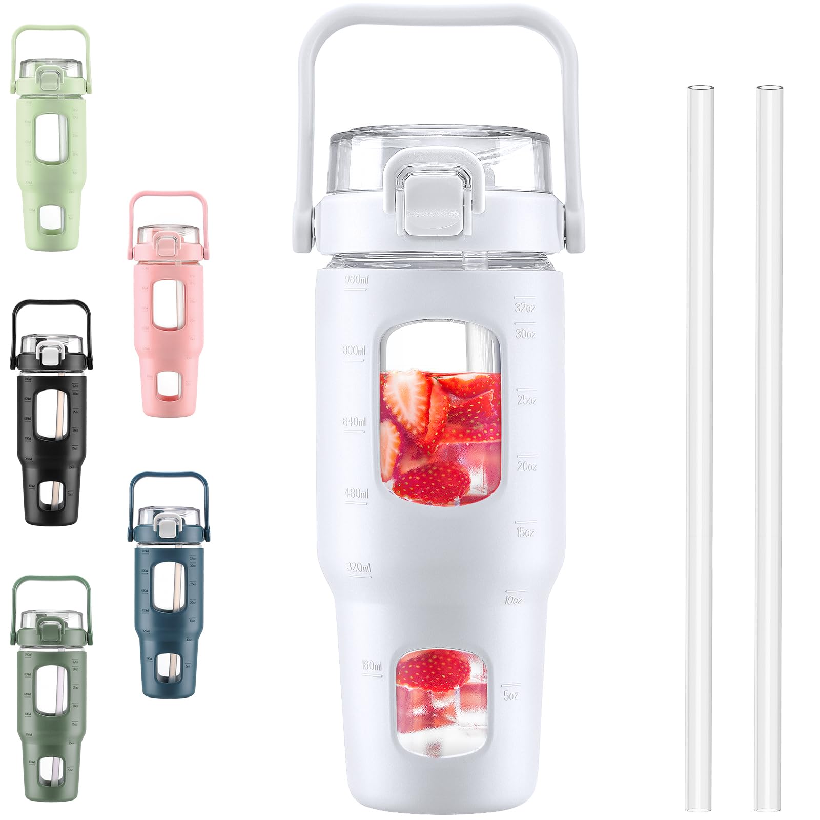 BLUEGO 32oz Glass Water Bottle with Straw & Time Marker - Half Gallon Motivational Water Bottle with Silicone Sleeve - 2L Large Glass Jug for Gym, Sports, Workout, Office & Daily Hydration - Perfect for Fitness Tracking & Healthy Lifestyle - White