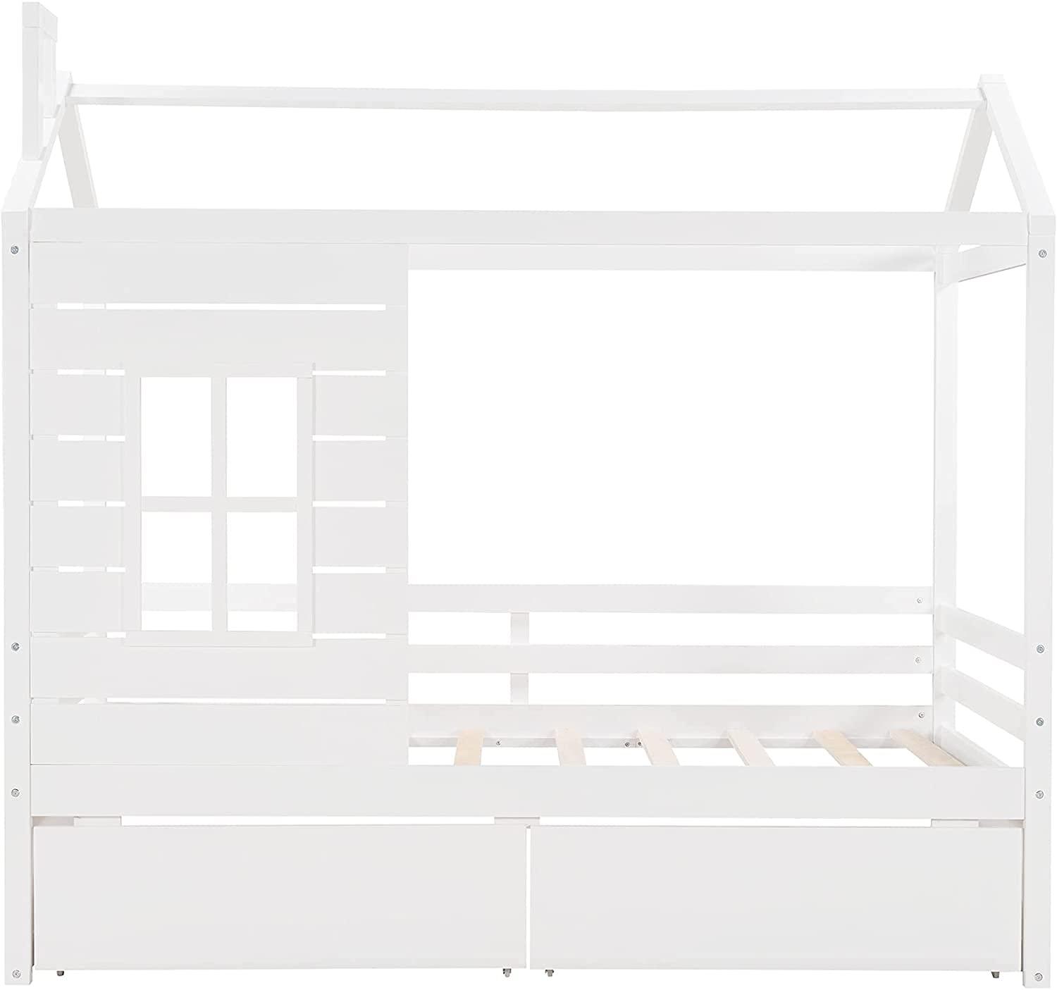 **MERITLINE Twin Size Kids House Bed with 2 Storage Drawers - Wooden Daybed Frame with Window Roof & Guardrail for Boys & Girls (White) - Perfect for Bedrooms, Playrooms & Sleepovers**