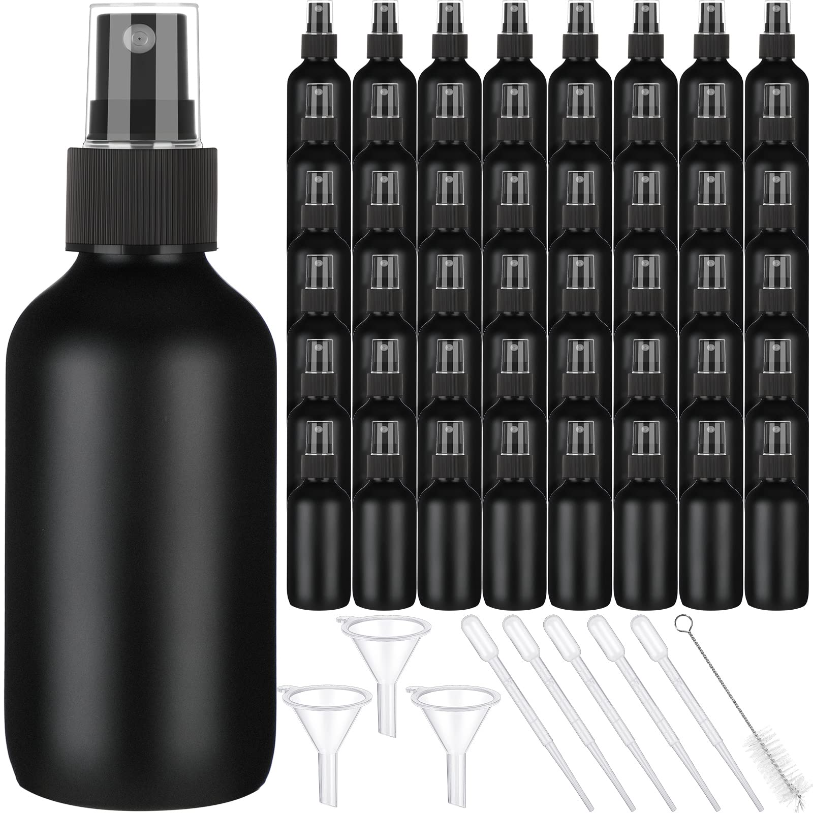 100 Pcs 4 oz Mini Glass Spray Bottles - Empty Small Essential Oil Bottles with Fine Mist Nozzle, 3 Funnels, 5 Droppers & Cleaning Brush - Perfect for Hair Care, Travel, Plants, Perfumes & DIY Beauty Products (Black)