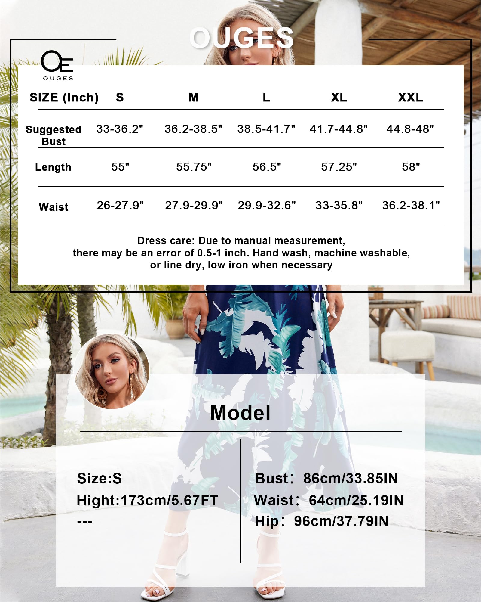 OUGES Women's Summer Maxi Dress - V Neck Floral Print Adjustable Spaghetti Strap Beach Dress with Pockets | Casual Sundress for Vacation, Pool Party & Outdoor Activities