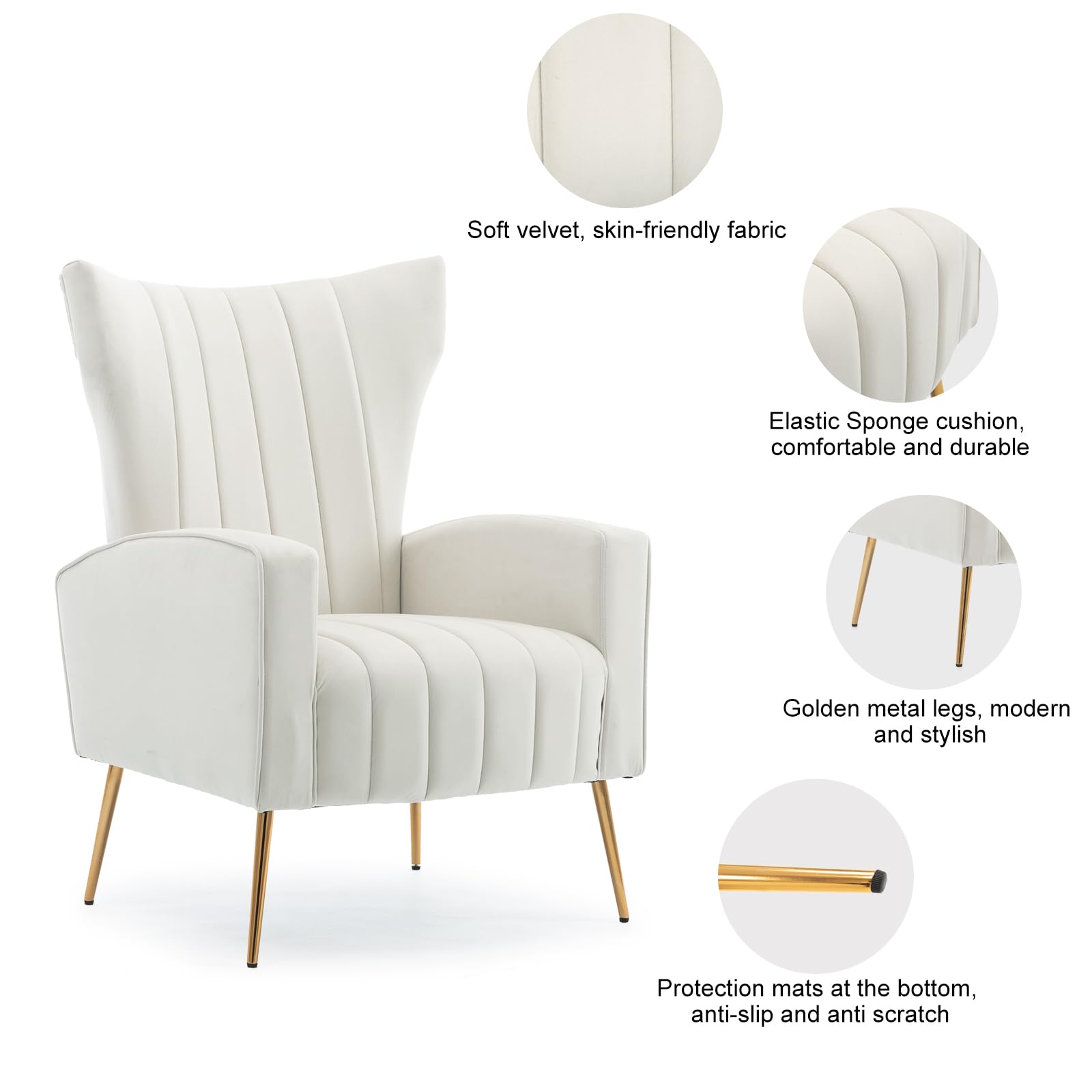 HOMEFUN 2-Piece Velvet Wingback Accent Chair Set - Modern Upholstered Armchair with Sturdy Metal Legs for Living Room, Bedroom & Nursery - Soft Beige Fabric - Perfect for Reading Nook, Lounge Area or Guest Seating