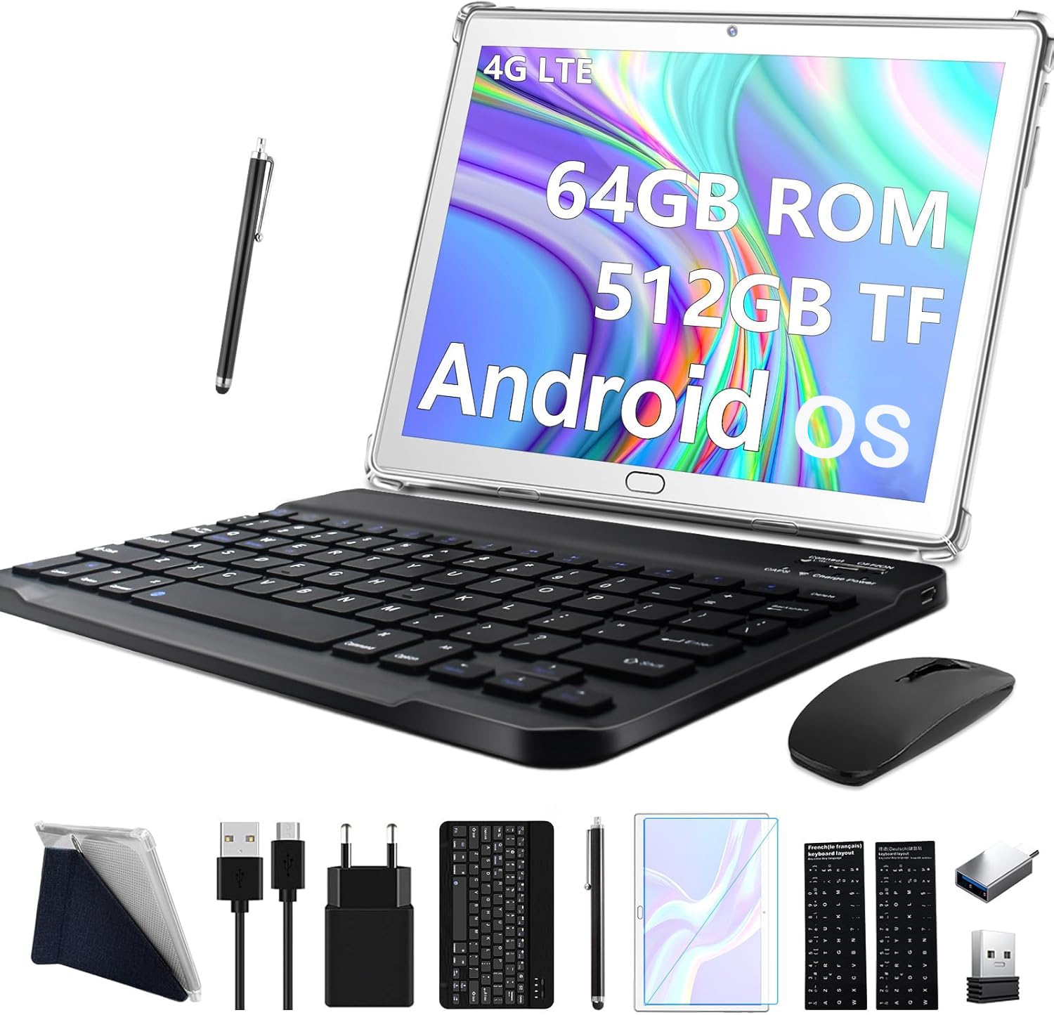 **2025 Latest 10-Inch 4G LTE Tablet with 2 SIM & 1 SD Slot, 3-in-1 Android Tablet with Keyboard, Mouse & Stylus – 64GB ROM, 512GB Expandable, Octa-Core, 1080P FHD, 13MP Camera, 6000mAh Battery, Bluetooth, WiFi, GPS, USB-C – Silver | Perfect for Work, Study & Entertainment**