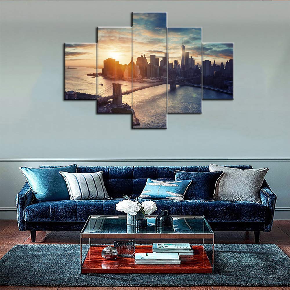 5-Piece Multi Panel Canvas Wall Art - Brooklyn Bridge & Manhattan Cityscape Paintings, Contemporary Framed Ready to Hang Home Decor (60''W x 40''H) - Perfect for Living Room, Bedroom & Office Wall Decor