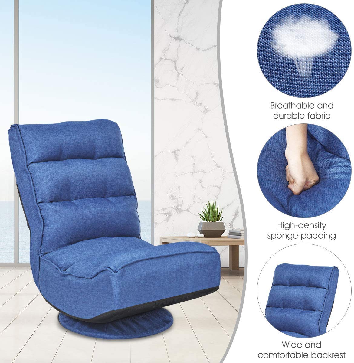 FANTASK 360 Degree Swivel Floor Chair - Adjustable Folding Floor Sofa with 5 Positions & Backrest - Ergonomic Lazy Lounge Chair for Reading, Gaming, TV Watching - Perfect for Living Room, Bedroom & Dorm (Navy Blue)