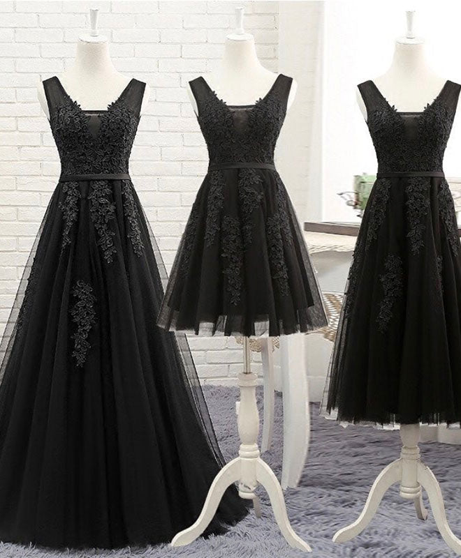 Elegant Black V-Neck Tulle Lace Prom Dress - Long Sleeve Evening Gown for Formal Events, Homecoming, and Special Occasions