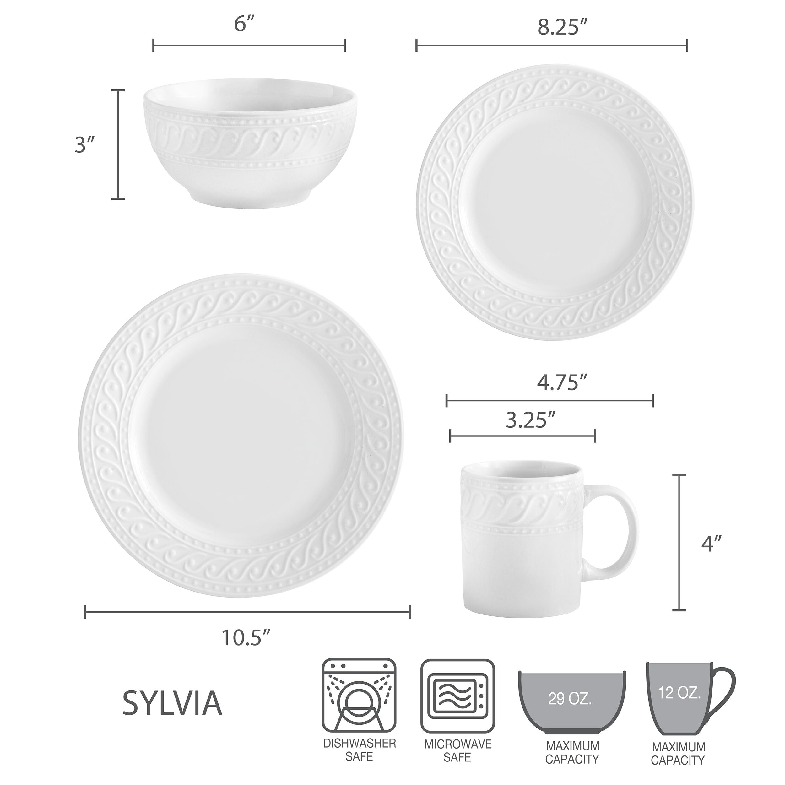 Pfaltzgraff Sylvia 32-Piece Dinnerware Set - Service for 8, White Porcelain Plates, Bowls & Mugs - Elegant Table Setting for Family Dinners, Parties & Special Occasions