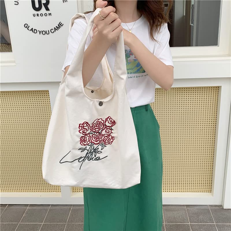 Floral Canvas Tote Bag for Women - Large Capacity Botanical Shopping Bag with Aesthetic Flower Design - Perfect for Groceries, Beach, Work & Daily Use