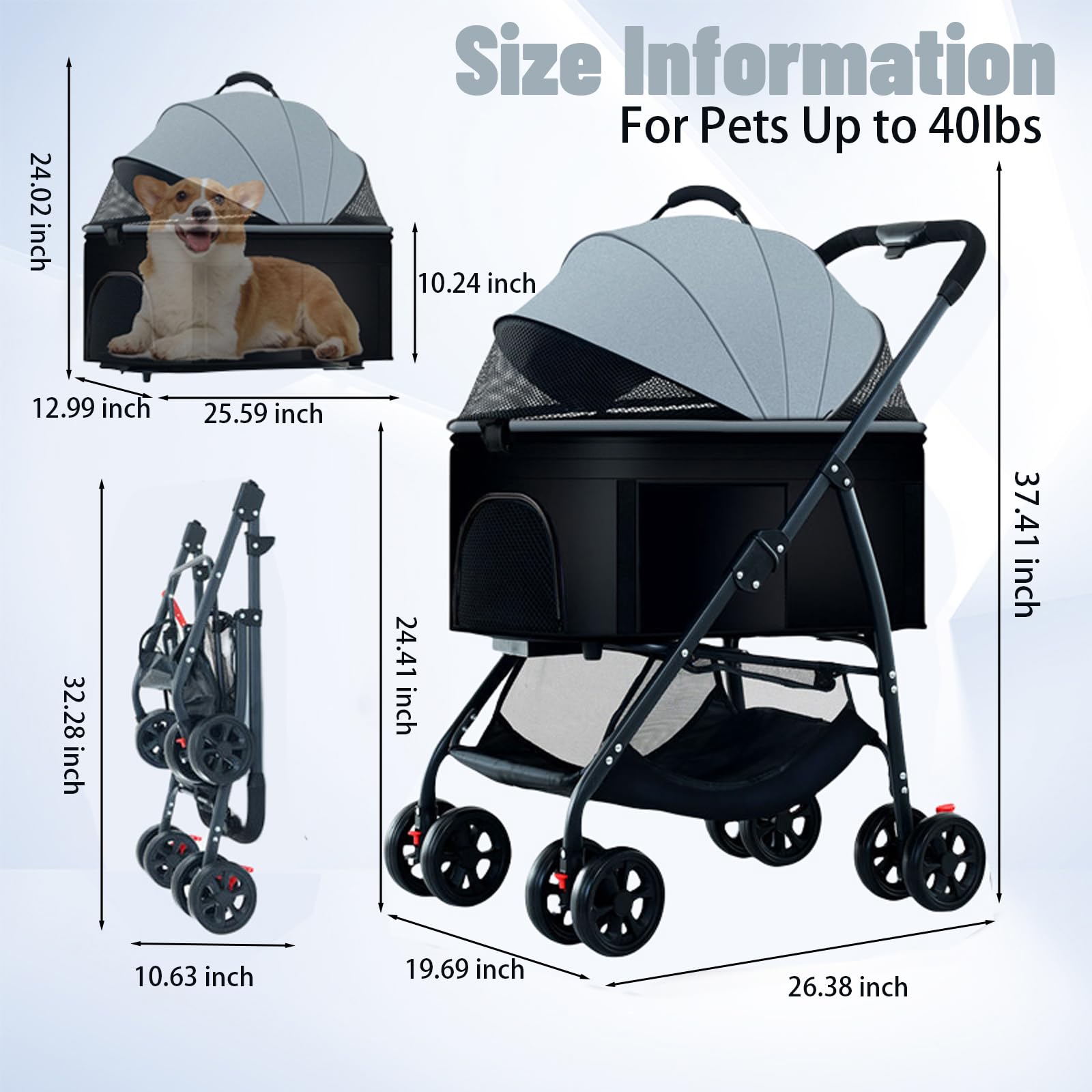 3-in-1 Folding Lightweight Pet Stroller for Dogs & Cats up to 55lbs - Travel Carrier with Storage Basket, Jogger Wagon for Small & Medium Pets (Grey) | Perfect for Park Walks, Vet Visits & Outdoor Adventures