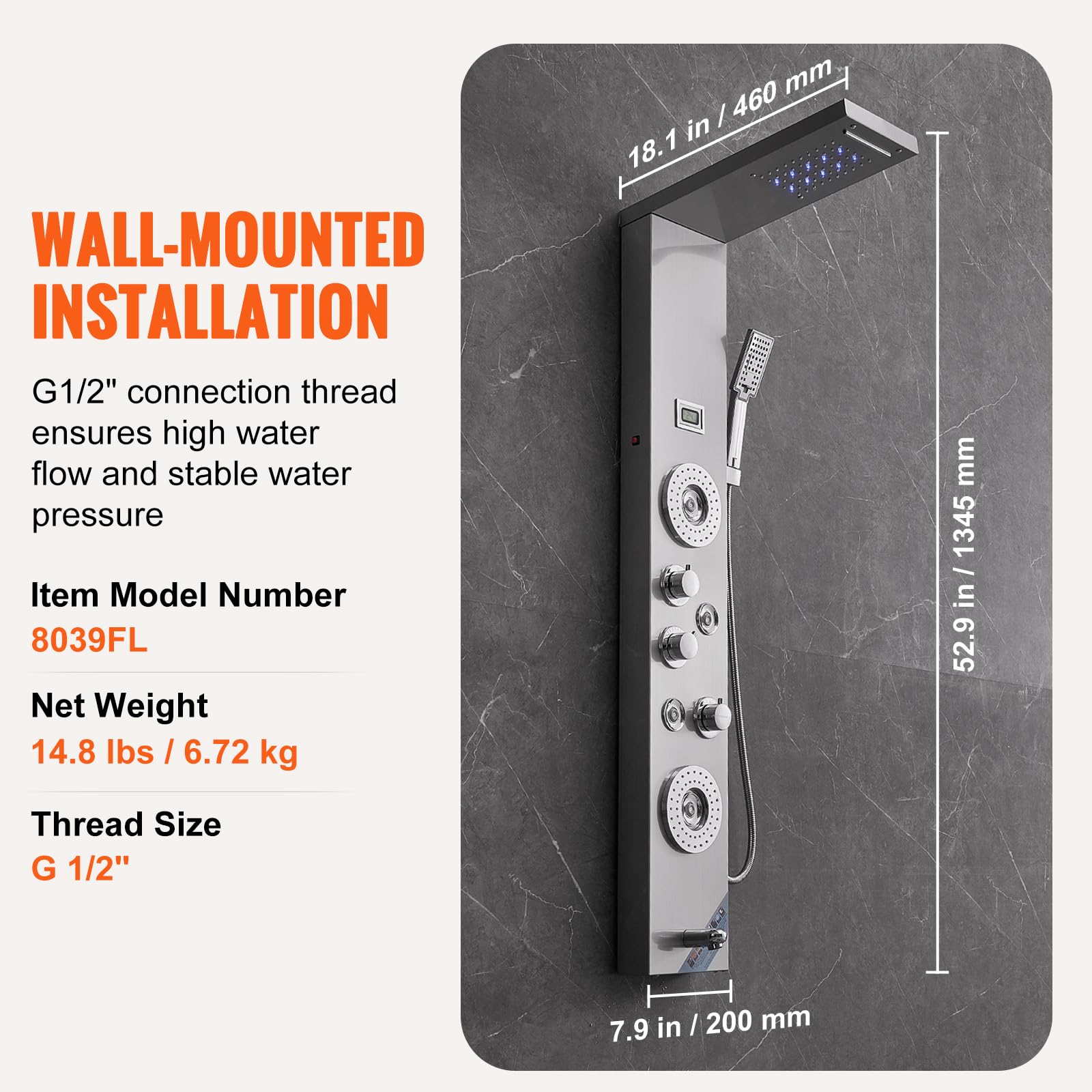 VEVOR Stainless Steel Shower Panel System with 6 Shower Modes - LED Rainfall Shower Tower, Waterfall & 4 Body Massage Jets, Wall-Mounted Shower Set with Tub Spout & 59