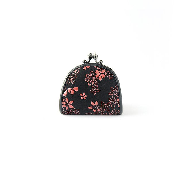 Premium Japanese Deerskin Leather Coin Purse with Urushi Lacquer Clasp - Cherry Blossom & Gray Black - Handmade in Japan - Elegant Gamaguchi Change Purse for Women's Accessories, Gift Giving & Travel Essentials