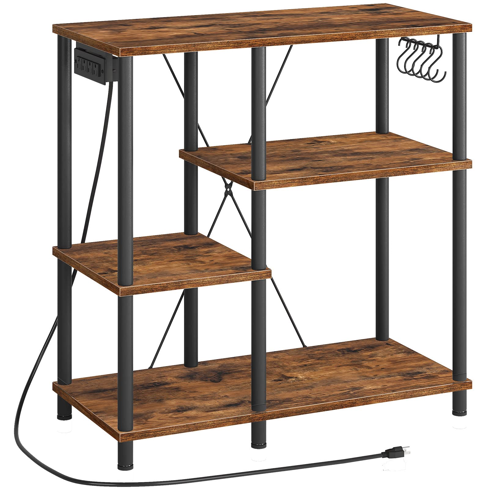 HOOBRO Rustic Brown and Black Bakers Rack with Power Outlet - Microwave Stand with 5 S-Shaped Hooks, Kitchen Storage Shelf & Coffee Bar Organizer - Perfect for Kitchen, Living Room, Dining Room, or Home Office (Model BF07UHB01)