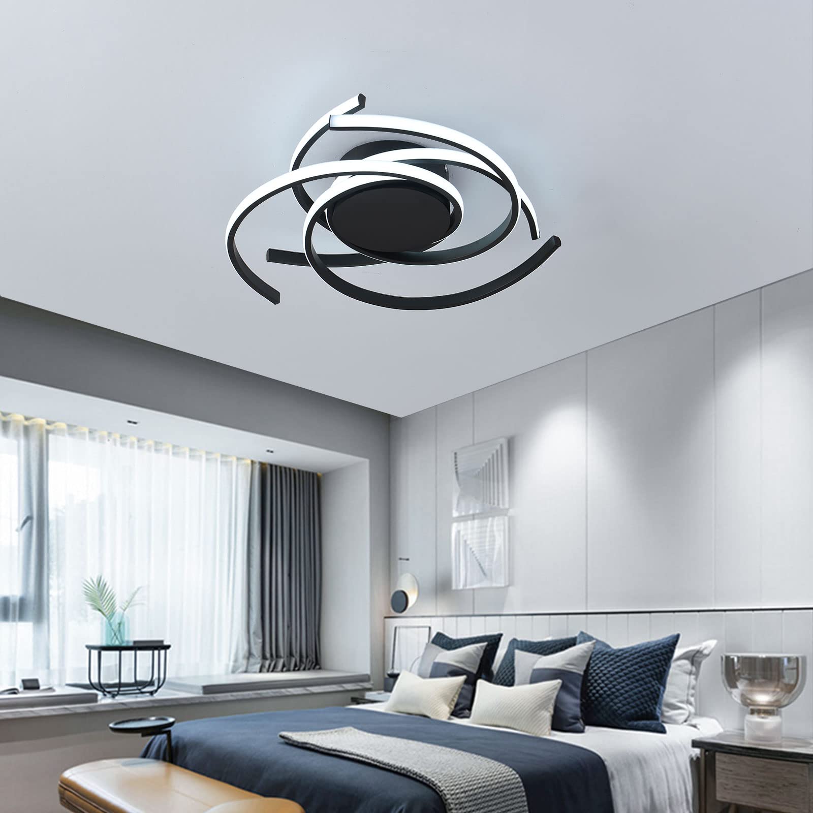Modern LED Ceiling Light with Remote Control - Dimmable Acrylic Chandelier Flush Mount Pendant Lamp 22 Inch (56cm) Black for Living Room, Bedroom, Dining Room, Kitchen Island & Office - Energy Efficient Lighting for Home Decor & Interior Design