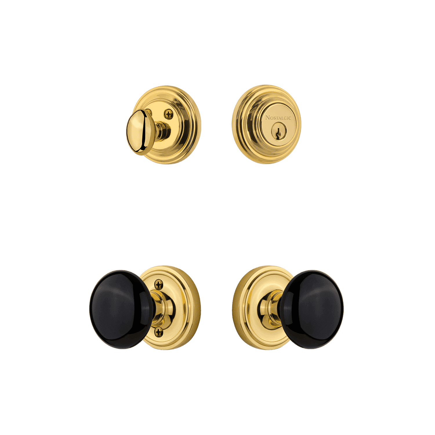 Vintage Style Rosette Entry Door Set with Black Porcelain Knob - Unlacquered Brass Hardware for Traditional Homes & Victorian Style Doors | Perfect for Front Entry, Bedroom, and Interior Doors