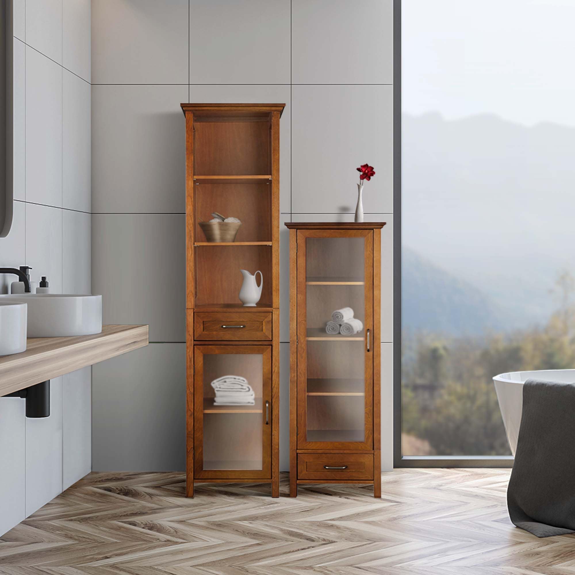 Teamson Home Avery Linen Tower - Tall Slim Narrow Wooden Bathroom Storage Cabinet with Glass Panel Door, 4 Tiered Shelves & 1 Drawer in Oil Oak Finish | Space-Saving Organizer for Bathroom Essentials, Towels & Toiletries