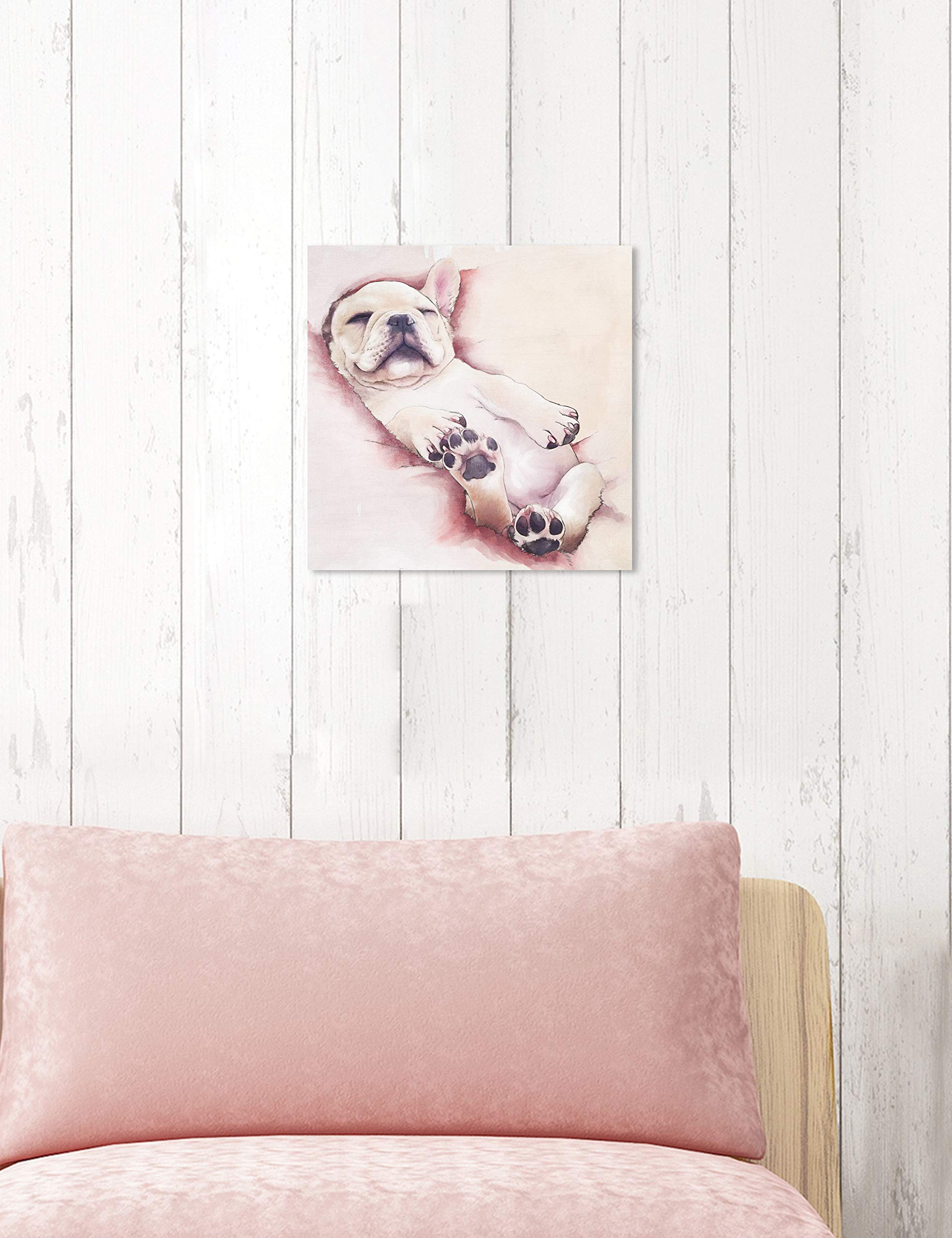 Sleeping Frenchie Dog Wall Art Canvas Print - 12x12 Inch Modern Animal Home Decor in White & Pink | Perfect for Living Room, Bedroom, Nursery & Office Decorations