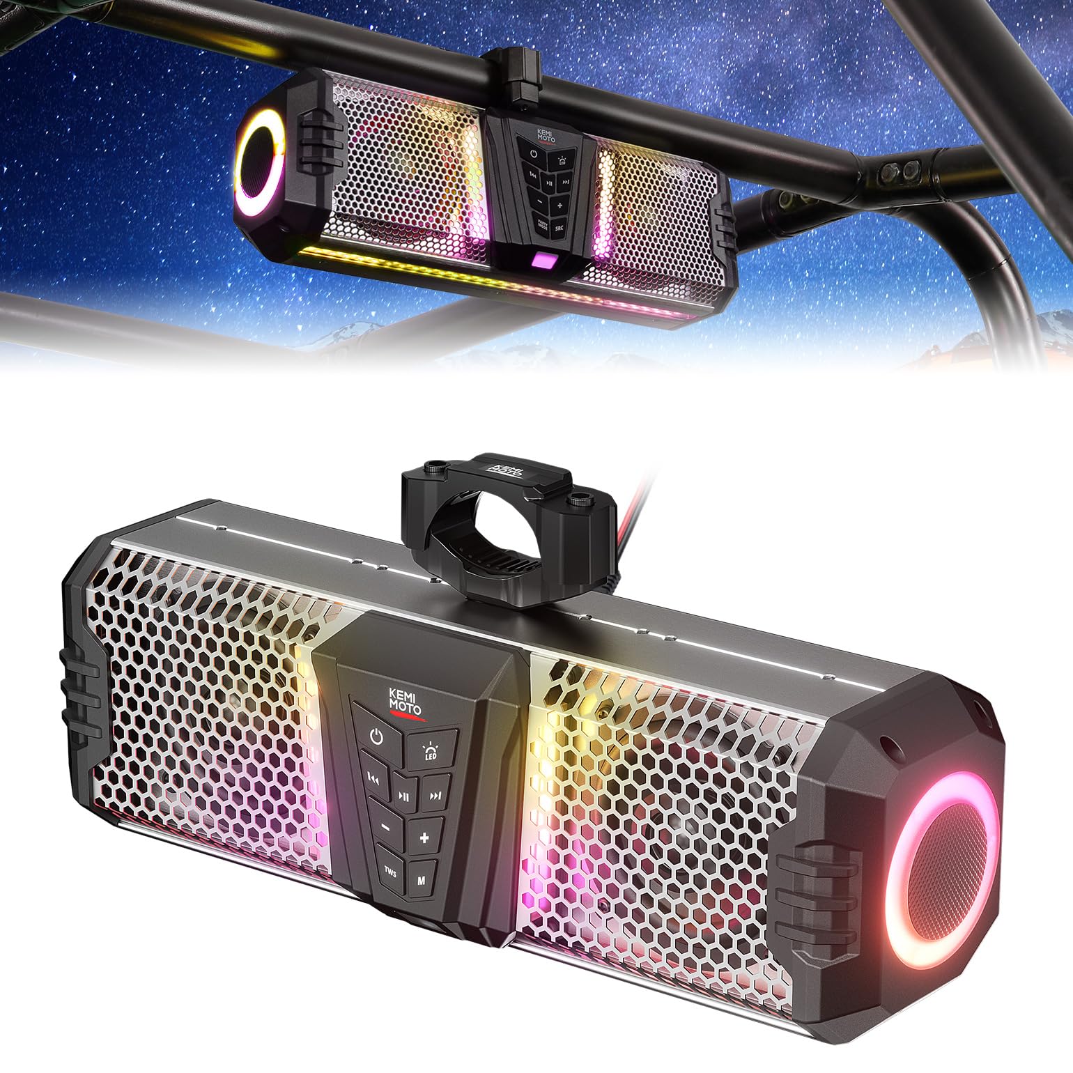 KEMIMOTO Midnight S40 16-inch Waterproof IP66 UTV Sound Bar with Multicolor LED Lights | Wireless Bluetooth Speaker for UTV, Golf Cart, Marine Boat | Fits 1''-2'' Roll Bars | Perfect for Off-Road Adventures, Beach Parties & Outdoor Entertainment