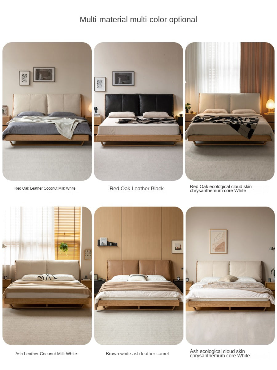 Italian Light Luxury Solid Wood Bed in Oak & Ash with Genuine Leather Upholstery - Perfect for Master Bedrooms, Guest Rooms & Modern Home Decor