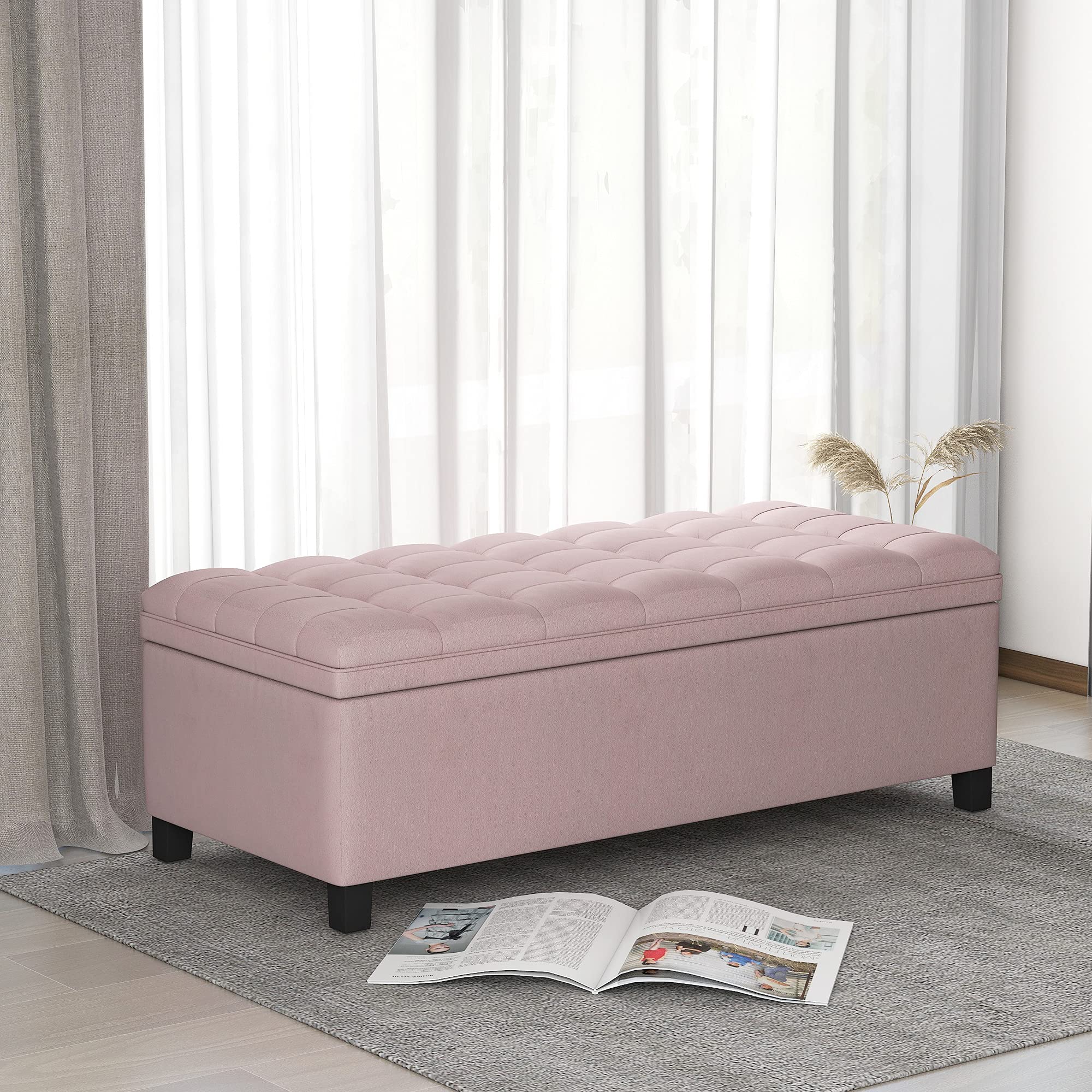 Flip Top Storage Ottoman Bench with Padded Seat - Multi-Functional Storage Chest for Bedroom, Living Room & Entryway - Pink Upholstered Bed End Stool (Perfect for Small Space Organization & Extra Seating)