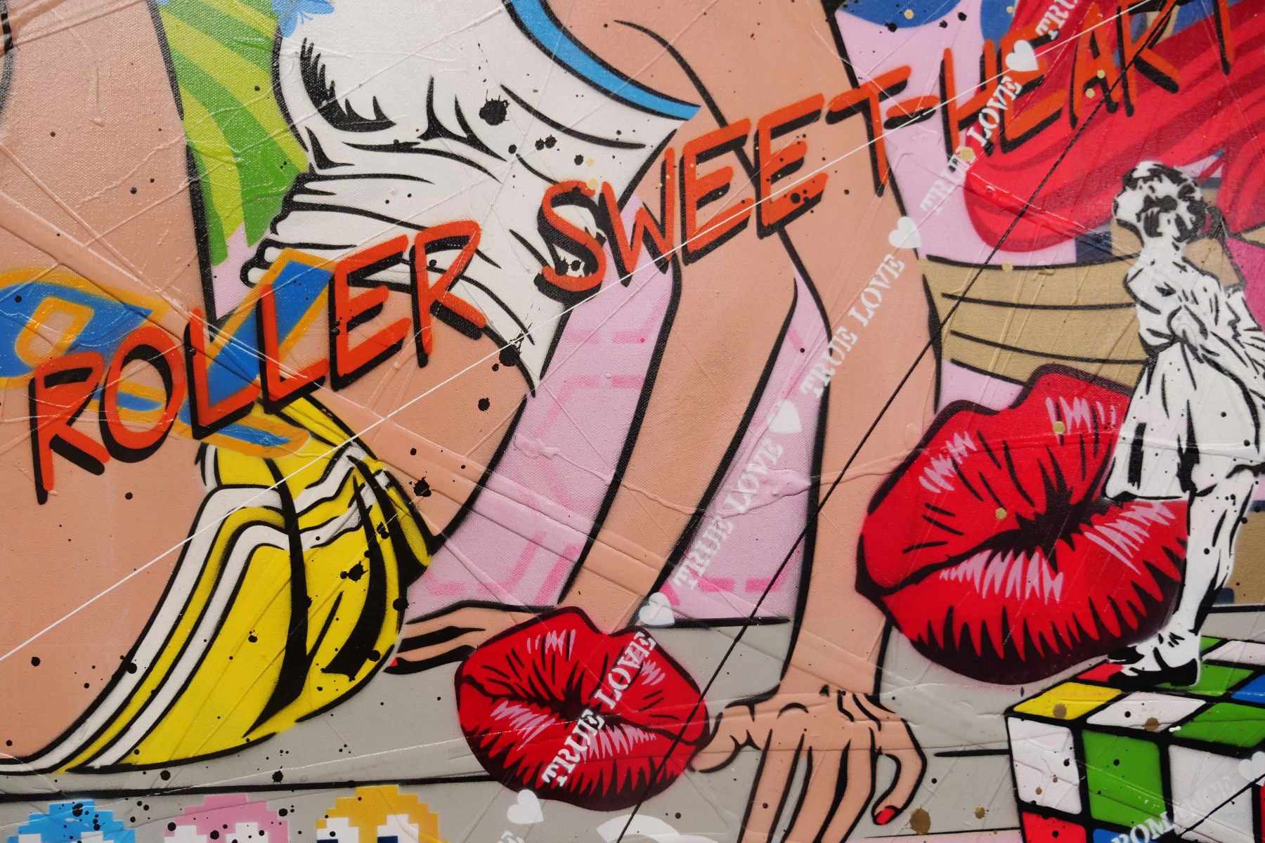 Vibrant Roller Skate Girl Textured Urban Pop Art Painting - 140cm x 100cm Wall Decor for Living Room, Bedroom & Skate Shop