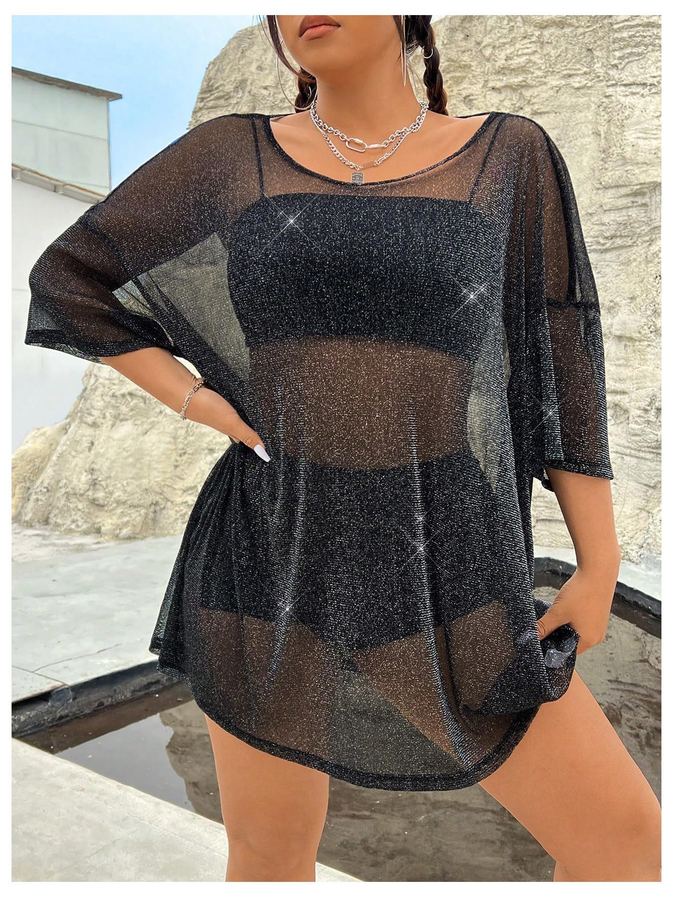 WDIRARA Women's Plus Size Sparkle Mesh Y2K Tee Top - Loose Drop Shoulder Party Club T-Shirt for Casual Wear, Night Out & Festive Occasions