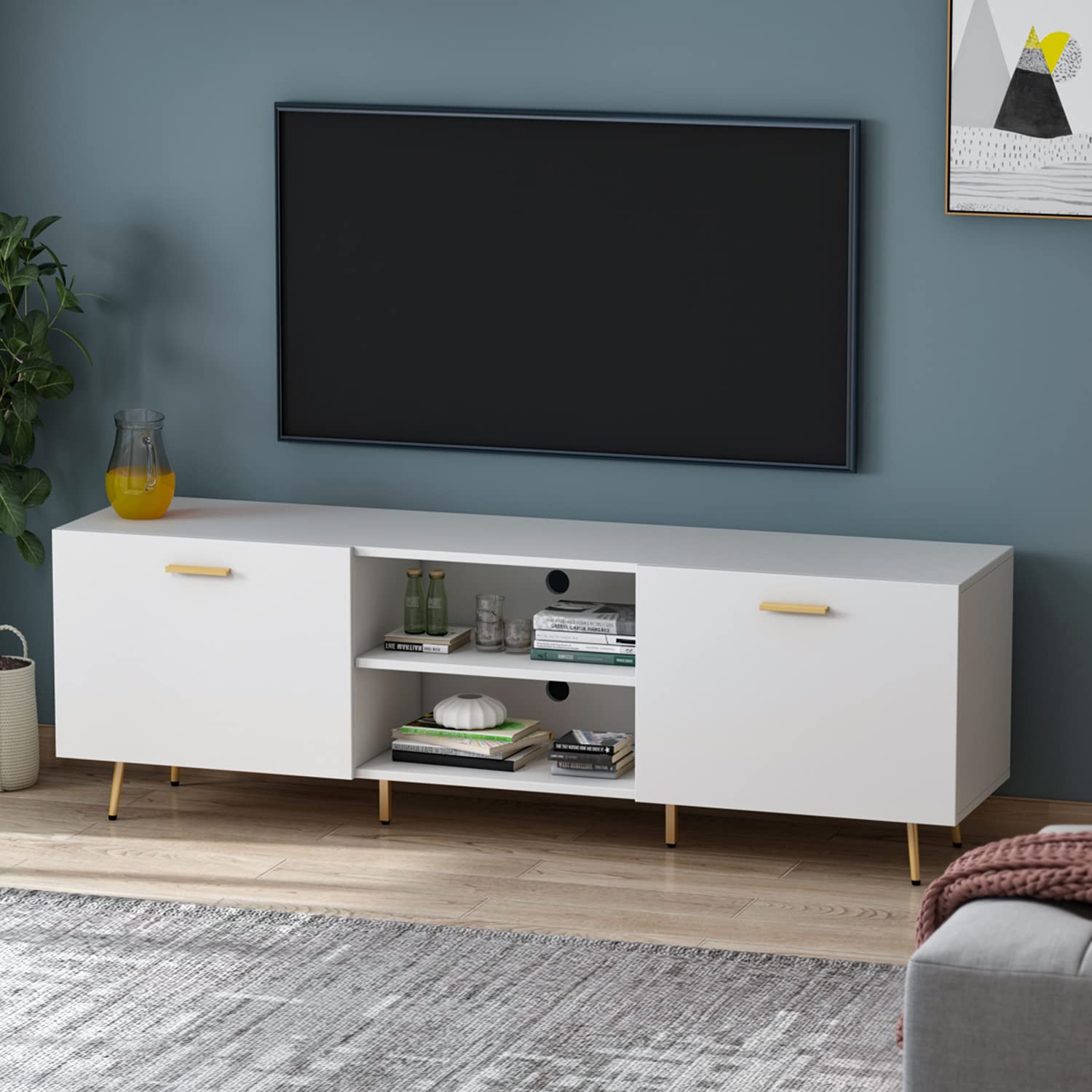 Homsee 75 Inch Modern TV Stand with 2 Doors & 2 Open Shelves - Gold Metal Legs Entertainment Center Console Table for Living Room & Bedroom - White (69”L x 15.6”W x 22.4”H) - Perfect for Home Theater Setup & Stylish Living Space Organization