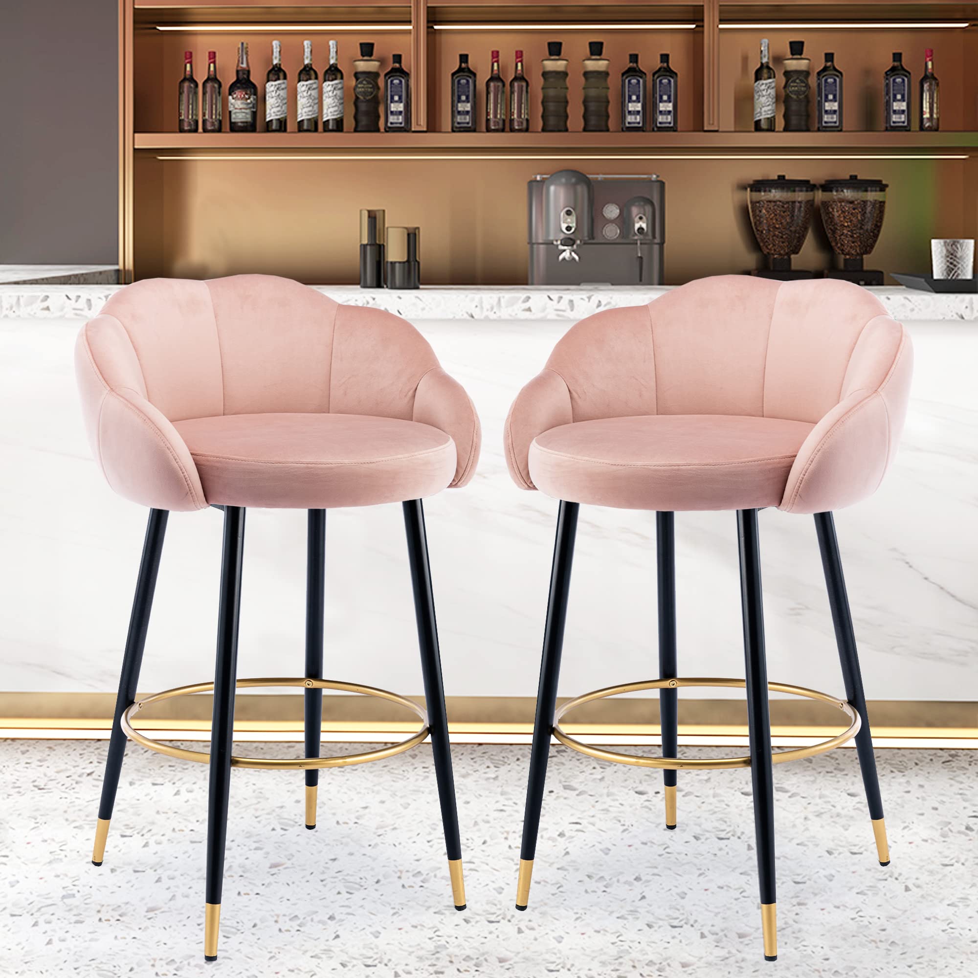 2PC Pink Velvet Bar Stools with Backrest & Footrest - Counter Height Dining Chairs Set of 2 - Perfect for Kitchen Islands, Breakfast Bars & Home Bars