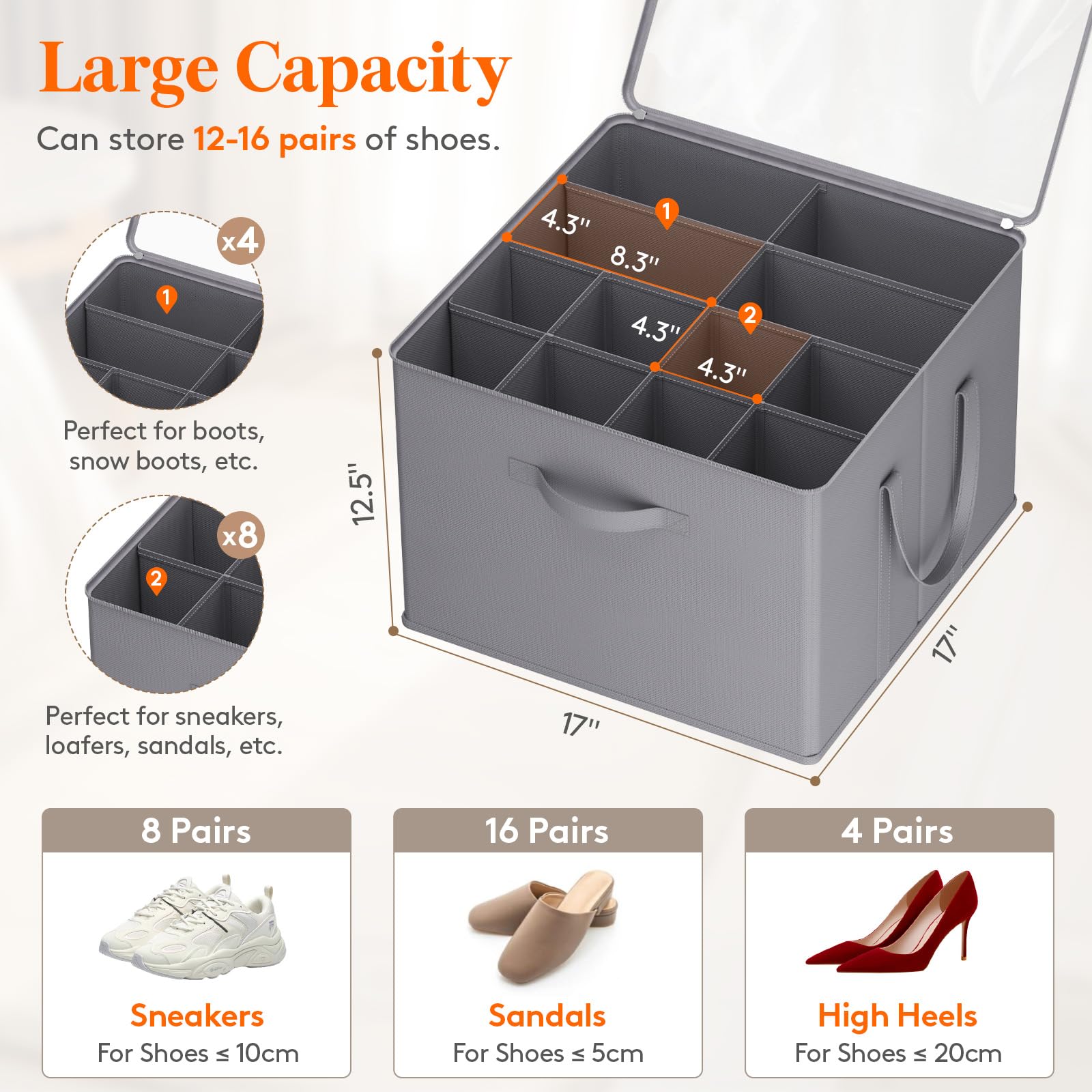 **Lifewit Foldable Shoe Storage Organizer for Closet – Holds 12-16 Pairs, Clear View & Reinforced Handles – Large Shoe Box Containers for Boots, Heels, Sneakers (2-Pack, Gray) – Perfect for Home, Office & Travel Organization**