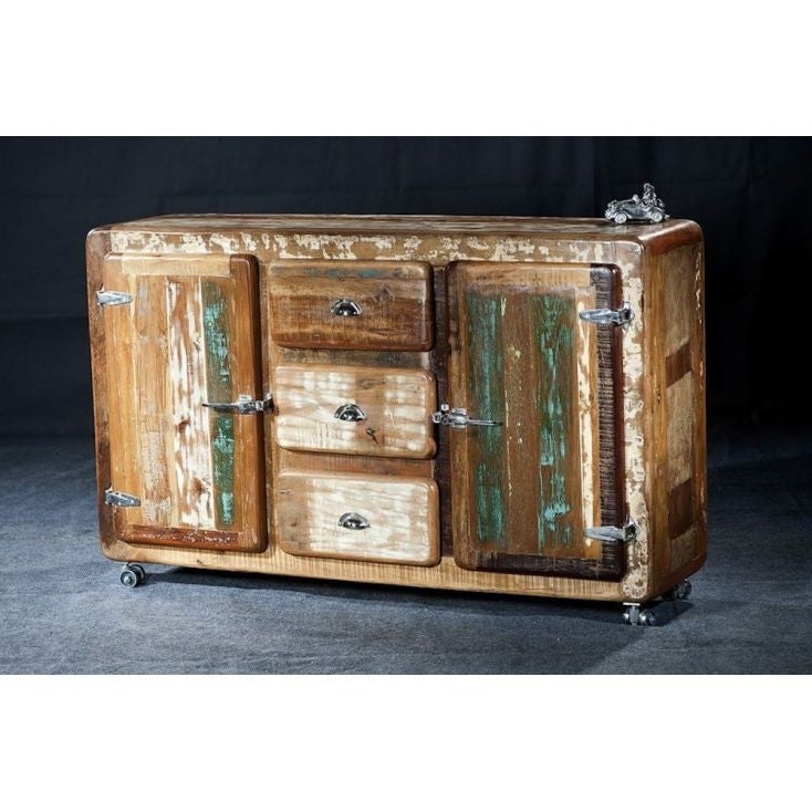 Vintage Reclaimed Wood Sideboard with 2 Doors & 3 Drawers - Mobile Rolling Buffet Cabinet 1.5m (59