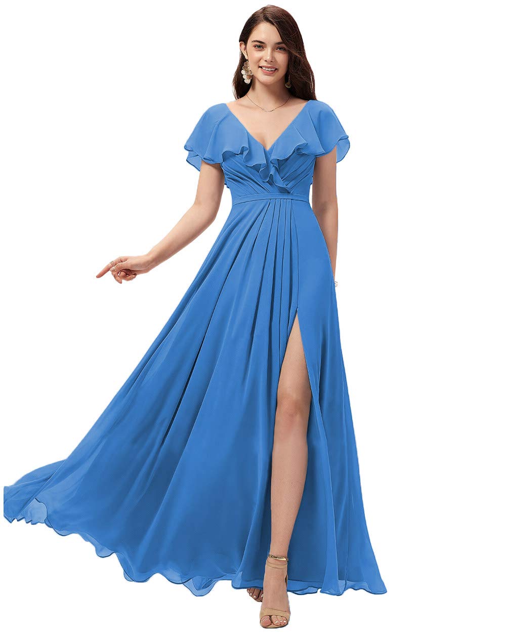 Elegant Miao Duo Women's Long V-Neck Chiffon Bridesmaid Dress with Slit & Ruffle Detail - Formal Evening Gown YZTS004 for Weddings, Proms & Special Occasions