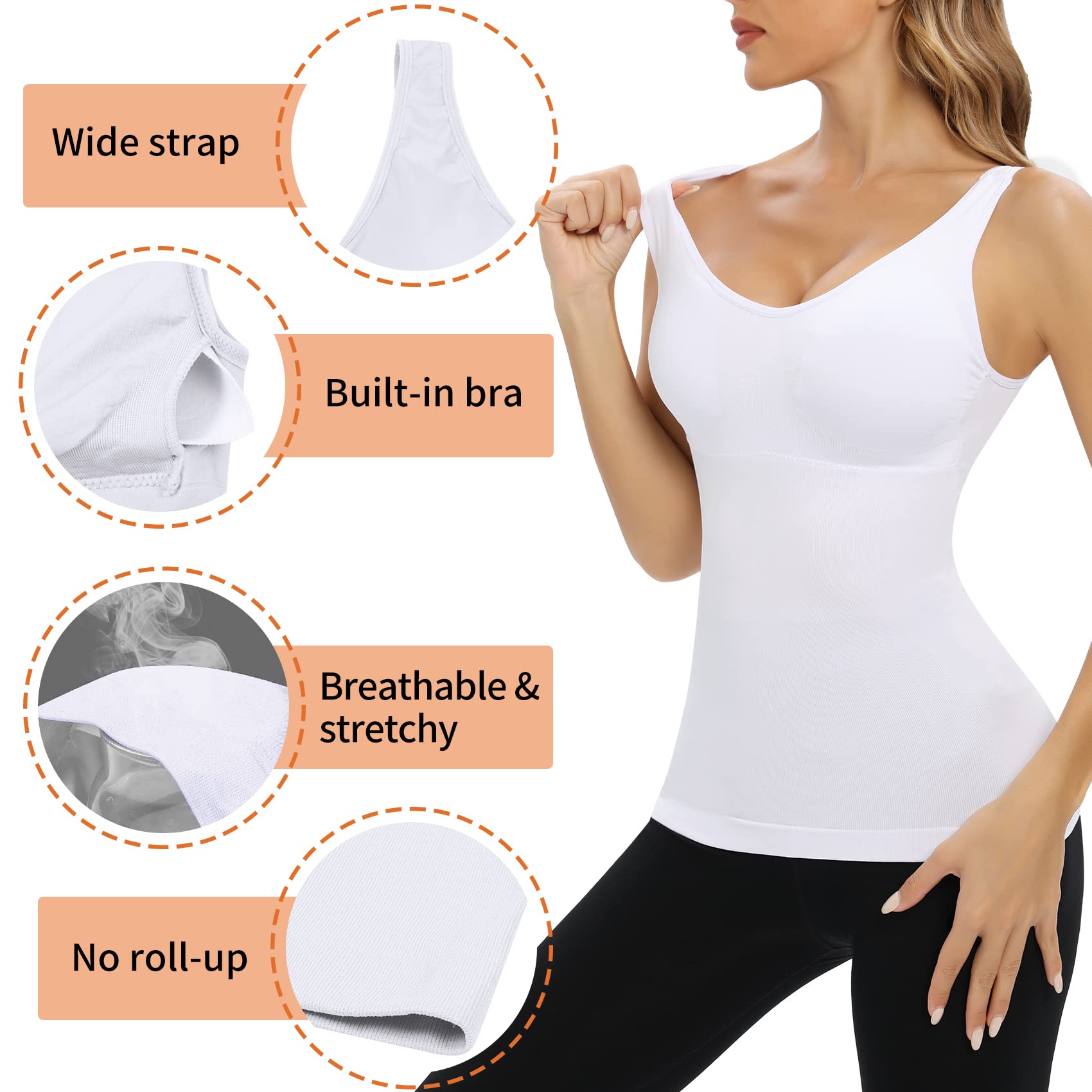 Women's Camisoles with Built-in Bra - Seamless Padded Shapewear Tank Tops for Tummy Control & Support | White Compression Undershirts for Layering, Workout & Everyday Wear