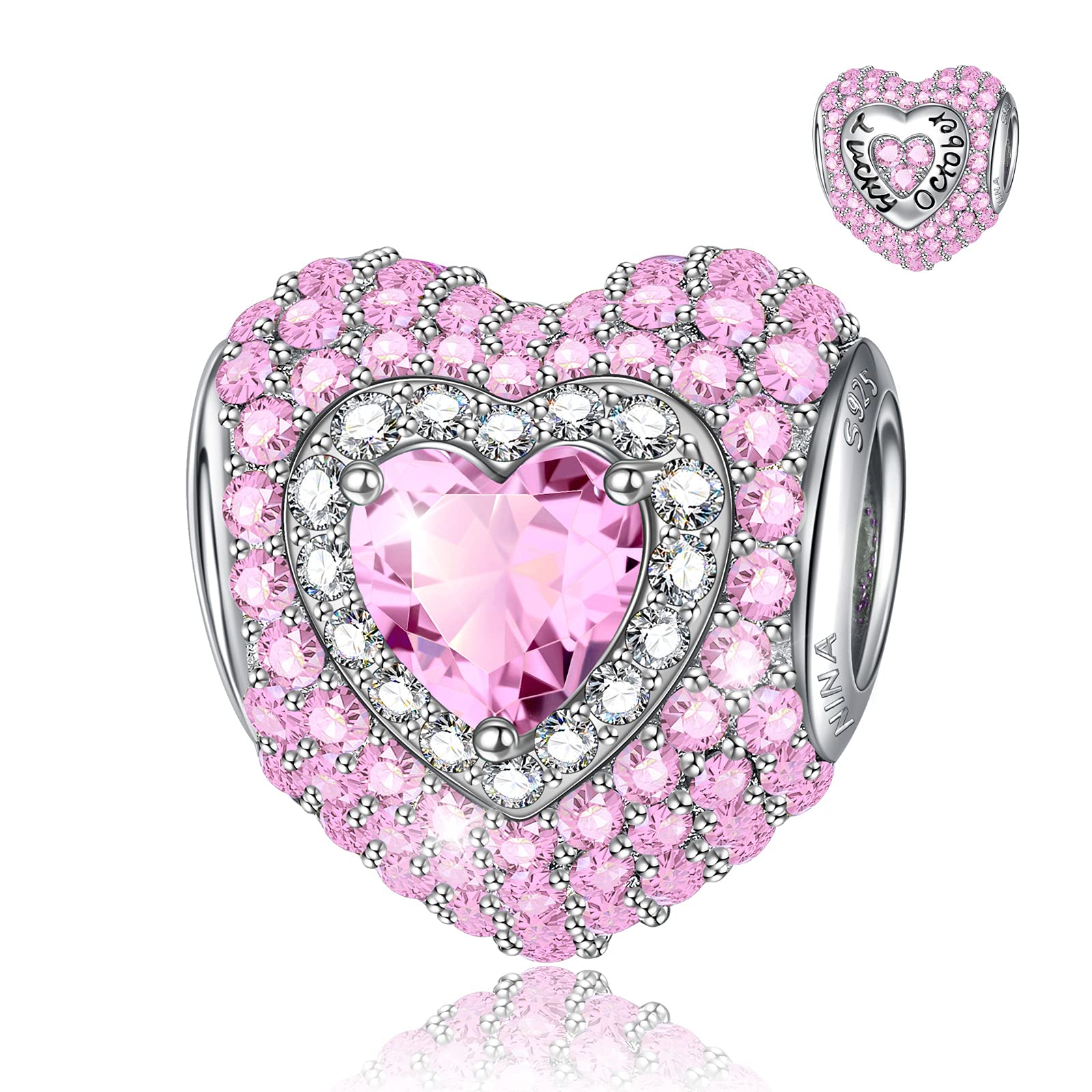 Birthstone Charms 925 Sterling Silver Beads with AAAAA Cubic Zirconia - Clover, Heart & Kitty Pendant Necklace | Jewelry Gift Box Included for Birthdays, Anniversaries & Special Occasions