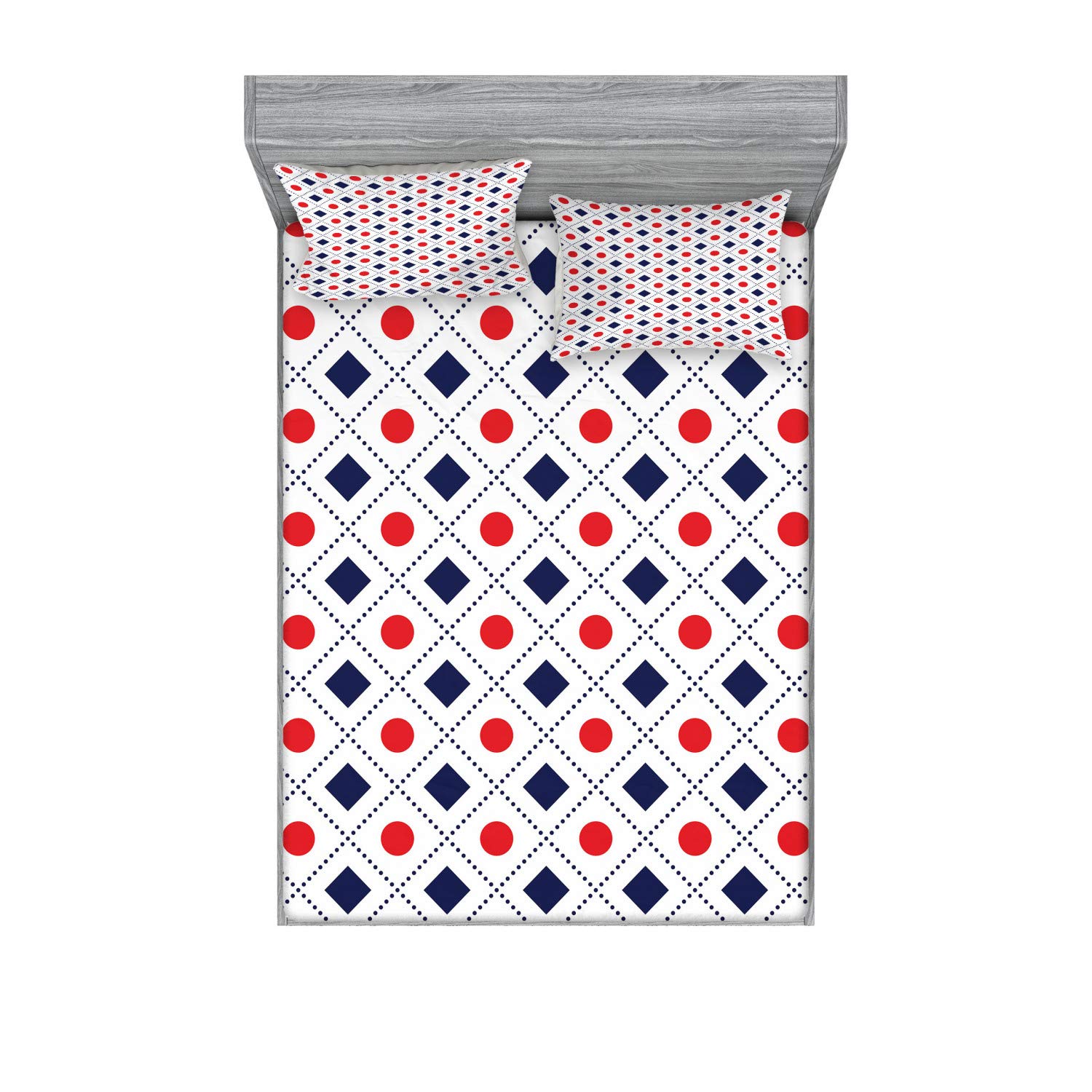 Ambesonne Navy Blue and Red Fitted Sheet & Pillow Sham Set - Big Red Dots Squares Geometric Tile Print 3-Piece Queen Size Bedding Set | Modern Home Decor for Master Bedroom, Guest Room & Dorm
