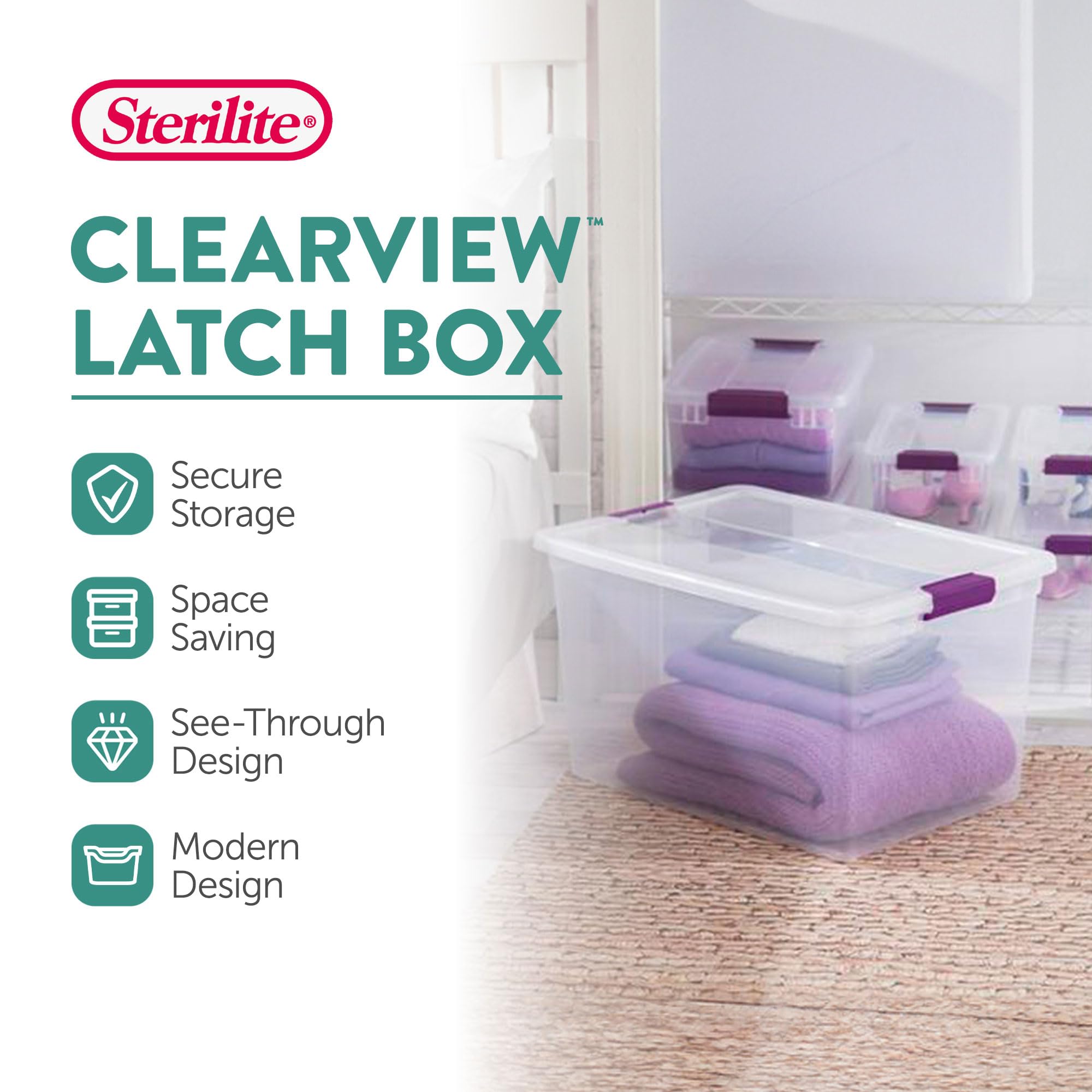 Sterilite 18-Pack Clearview Latch Storage Boxes - 66 Quart Stackable Plastic Bins with Secure Lids for Home Organization, Closet, Garage & Office Storage - Durable Clear Containers for Toys, Clothes & Seasonal Items