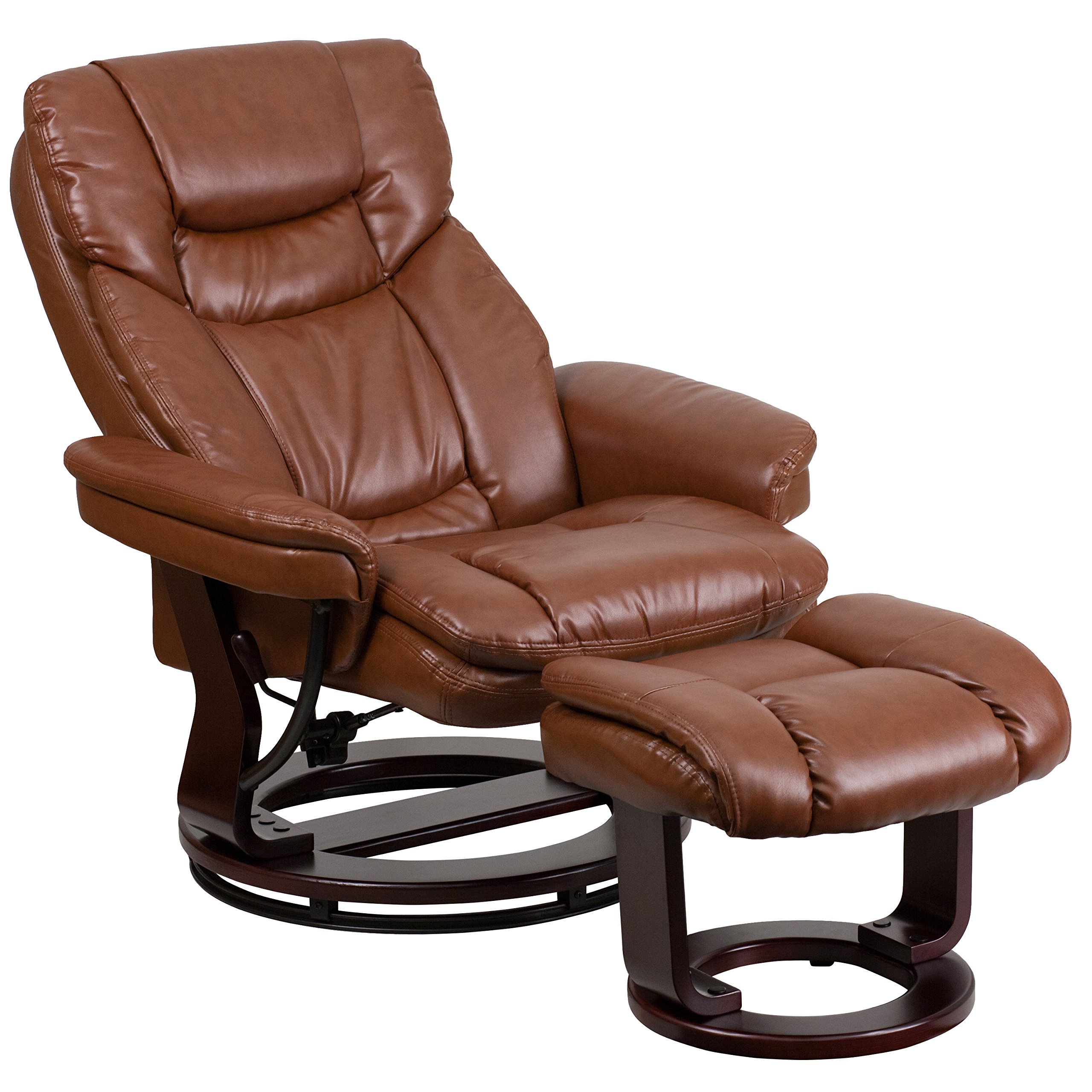 EMMA + OLIVER Multi-Position Recliner Chair with Curved Ottoman - Swivel Wood Base in Vintage LeatherSoft - Perfect for Living Room, Home Theater & Office Relaxation