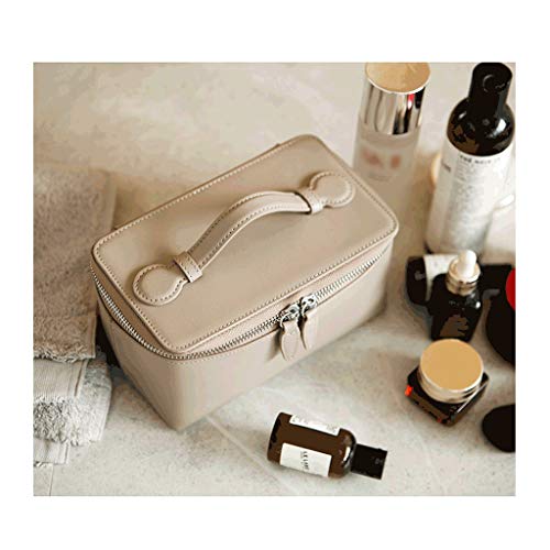 Cowhide Cosmetic Makeup Bag with Double Zipper - Large Capacity Travel Toiletry Organizer for Women | Portable Vanity Storage Case (Beige) | Perfect for Travel, Home & Salon Organization