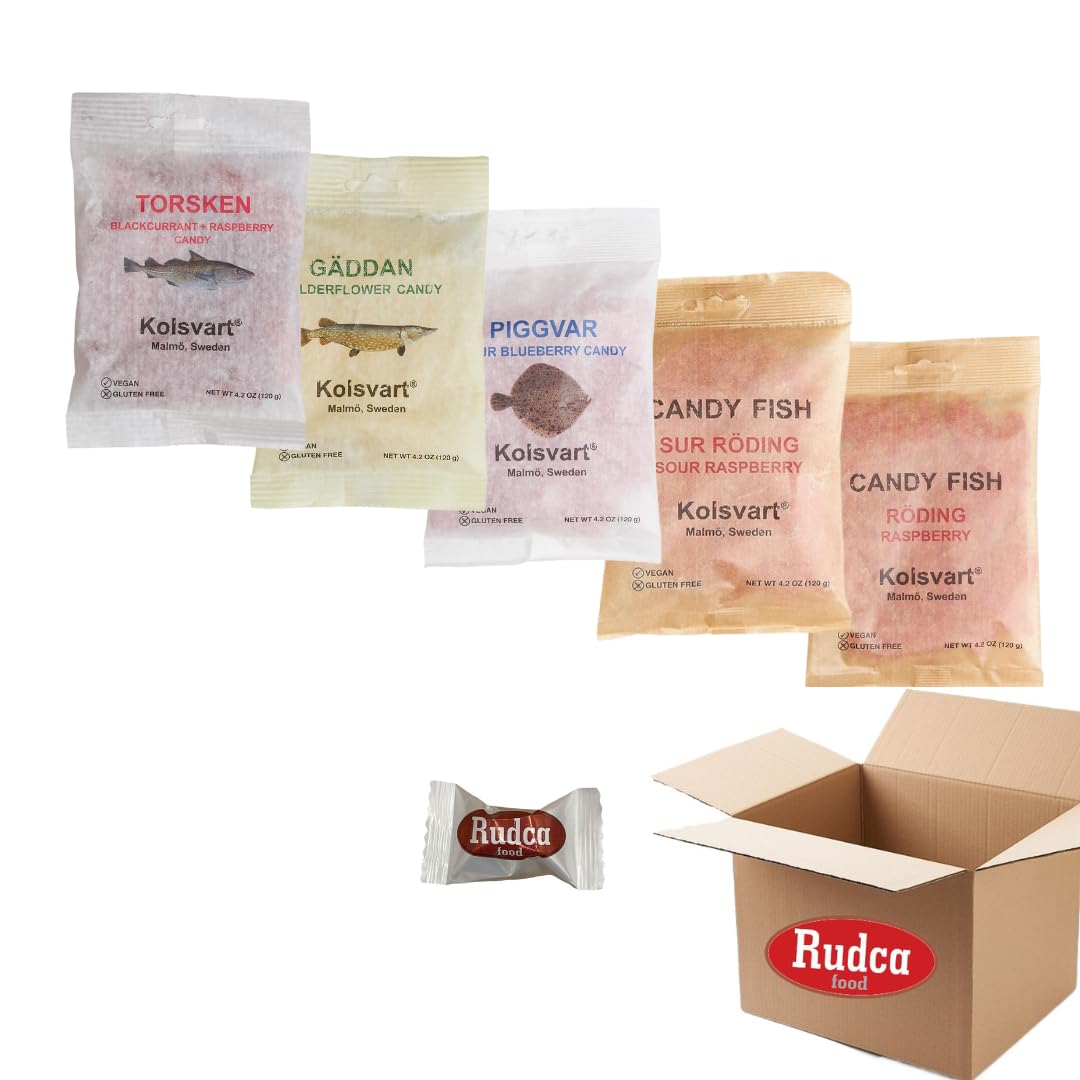 Rudca Food Kolsvart Assorted Candy Pack - 5 Bags (4.2 oz Each) | Raspberry, Blackcurrant, Sour Blueberry, Elderflower & Peppermint Flavors | Perfect for Parties, Office Snacks & Gift Baskets