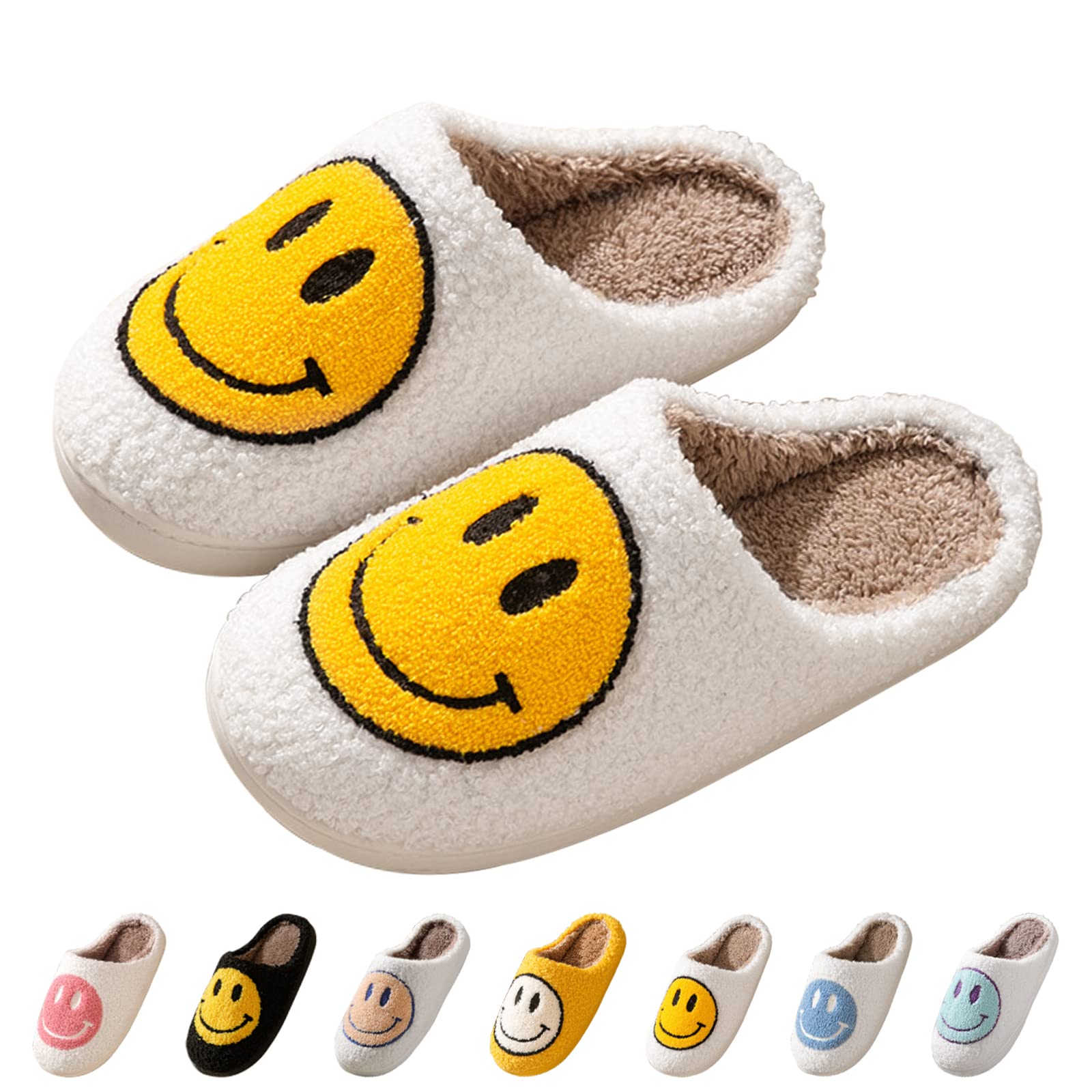 Women's Smile Face Slippers - Soft Plush Retro Preppy Happy Face Slip-On Slippers for Indoor & Outdoor Use | Cozy House Shoes for Relaxing at Home, Lounging, or Quick Errands