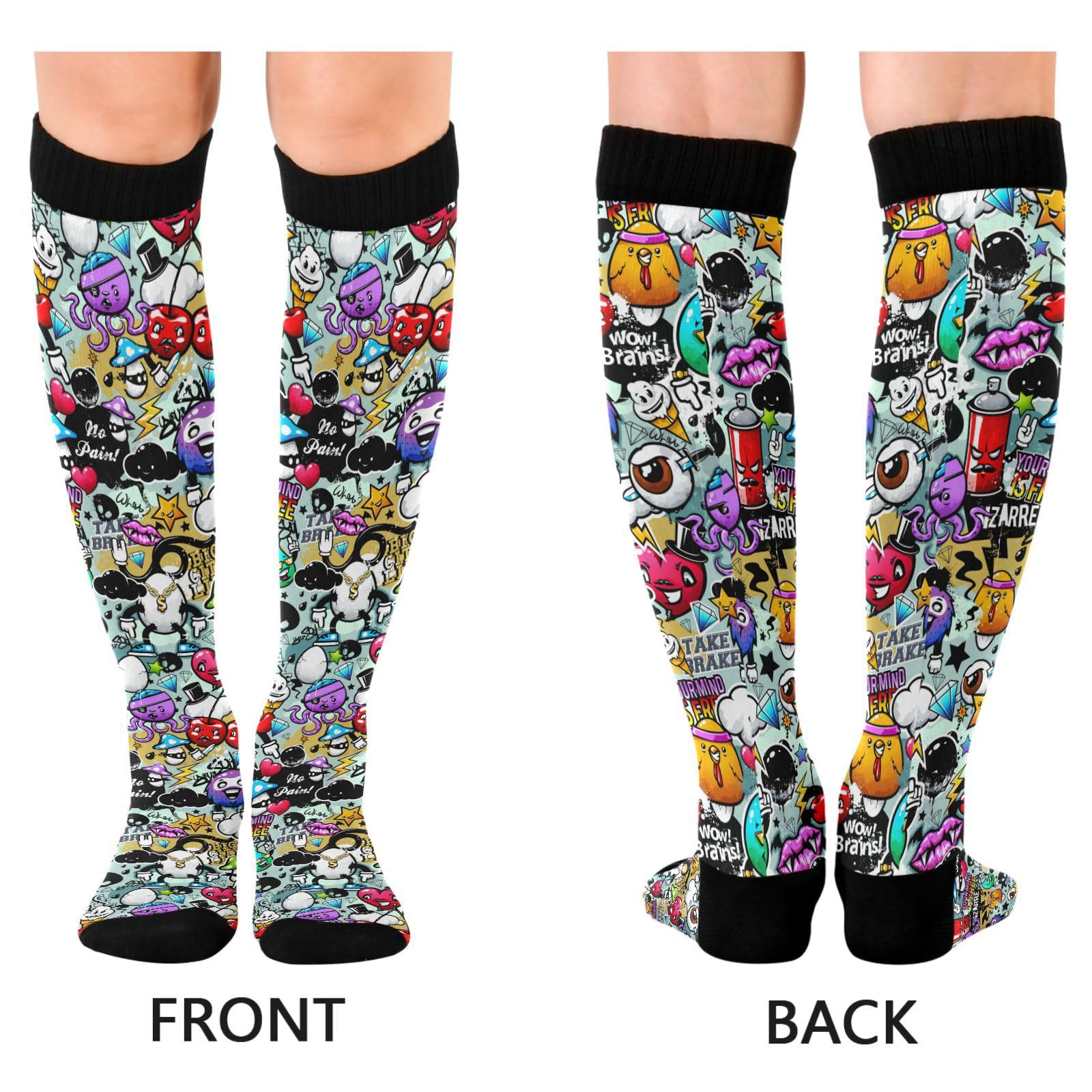 JUNZAN Compression Knee High Socks for Men & Kids - Graffiti Design Athletic Socks for Running, Sports, Nursing - Breathable Support Socks for Workout, Hospital Shifts & Daily Wear