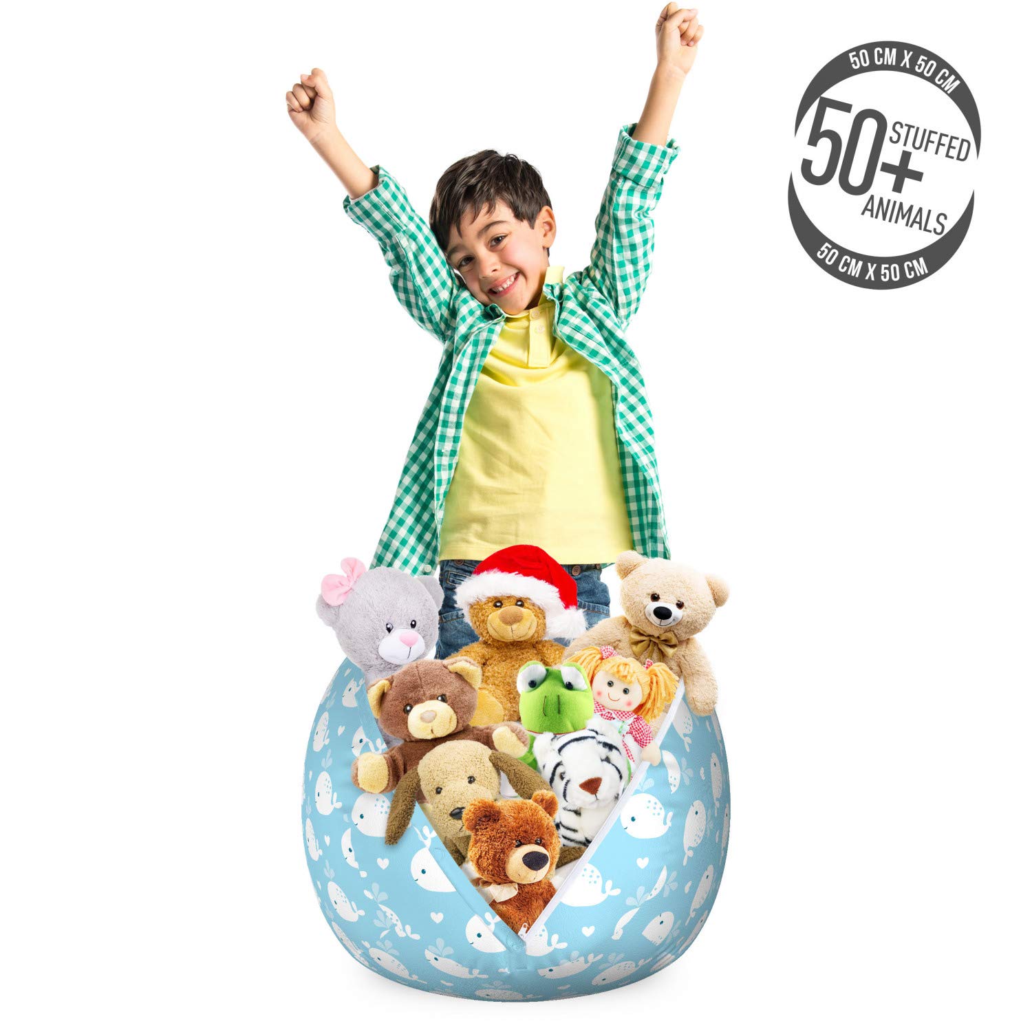 Ambesonne Whale Toy Storage Bag Chair - Marine Animal Themed Washable Organizer with Water Splash & Hearts Design, Small Size in Pale Blue & White - Perfect for Kids' Room, Playroom & Nursery Organization