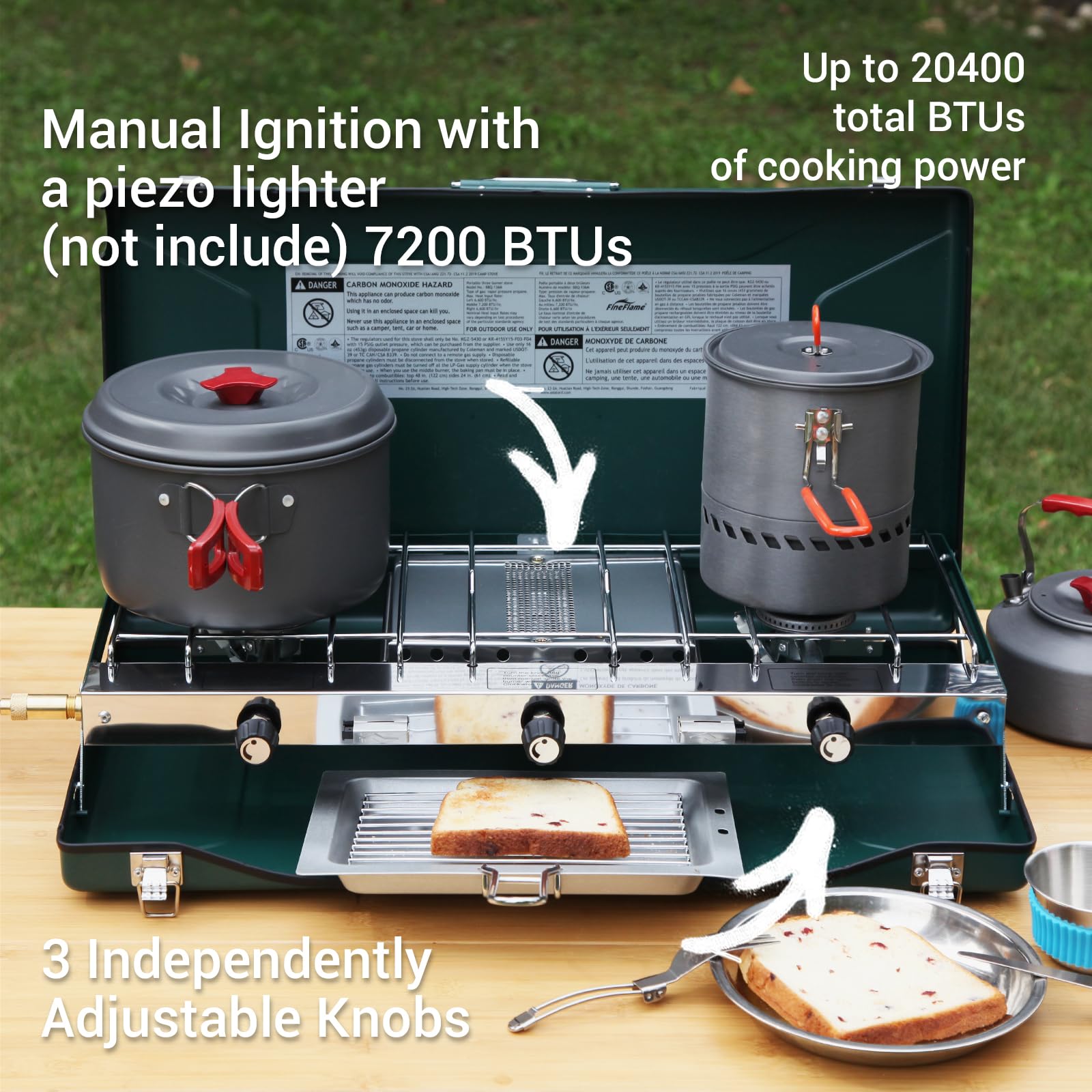 20400 BTU 3-Burner Portable Propane Camping Stove with Regulator, Toast Tray & Windshield - Outdoor Cooking for Camping, BBQ, Picnics & Car Adventures | Perfect for Family Gatherings & Backpacking Trips