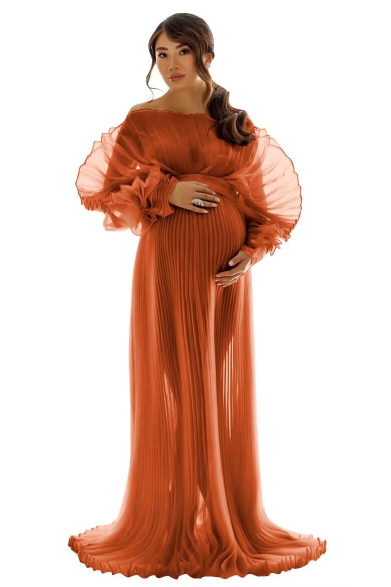SHSUREVE Puffy Ruffle Maternity Dress for Photoshoot - Elegant Pregnancy Gown for Baby Shower, Maternity Photos & Special Occasions | Comfortable & Stylish Maternity Wear