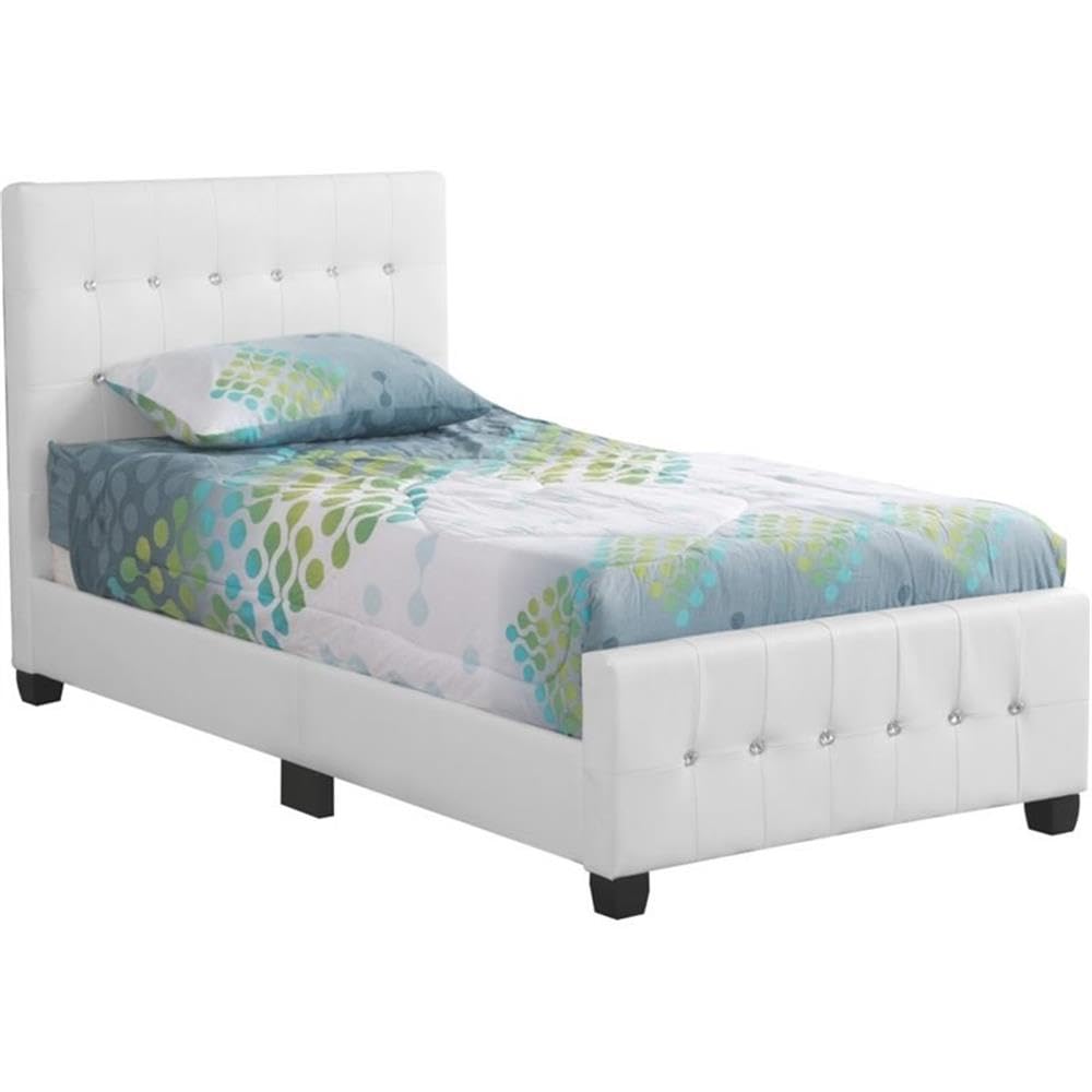 Glory Furniture White Diamond Faux Leather Upholstered Twin Bed Frame - Modern Luxury Bedroom Furniture for Kids, Teens & Guest Rooms | Perfect for Small Spaces & Dorm Decor